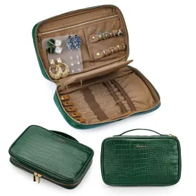 Alameda Travel Jewelry Organizer Case Crocodile Grain Leather Jewelry Storage Bag for Earrings, Necklace, Bracelet, Rings, Green