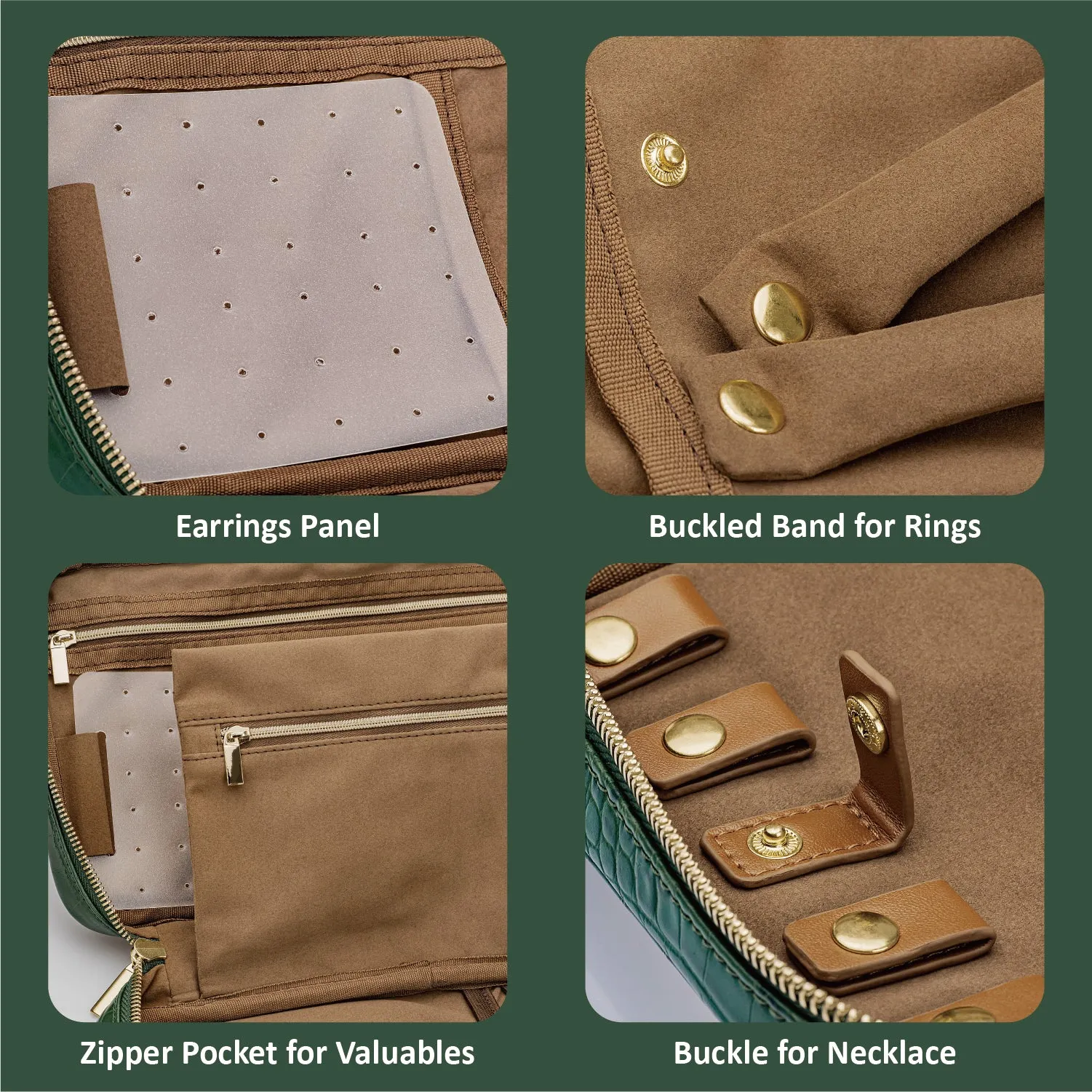 Alameda Travel Jewelry Organizer Case Crocodile Grain Leather Jewelry Storage Bag for Earrings, Necklace, Bracelet, Rings, Green
