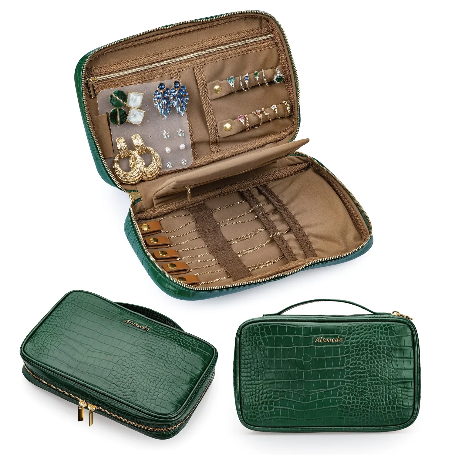 Alameda Travel Jewelry Organizer Case Crocodile Grain Leather Jewelry Storage Bag for Earrings, Necklace, Bracelet, Rings, Green