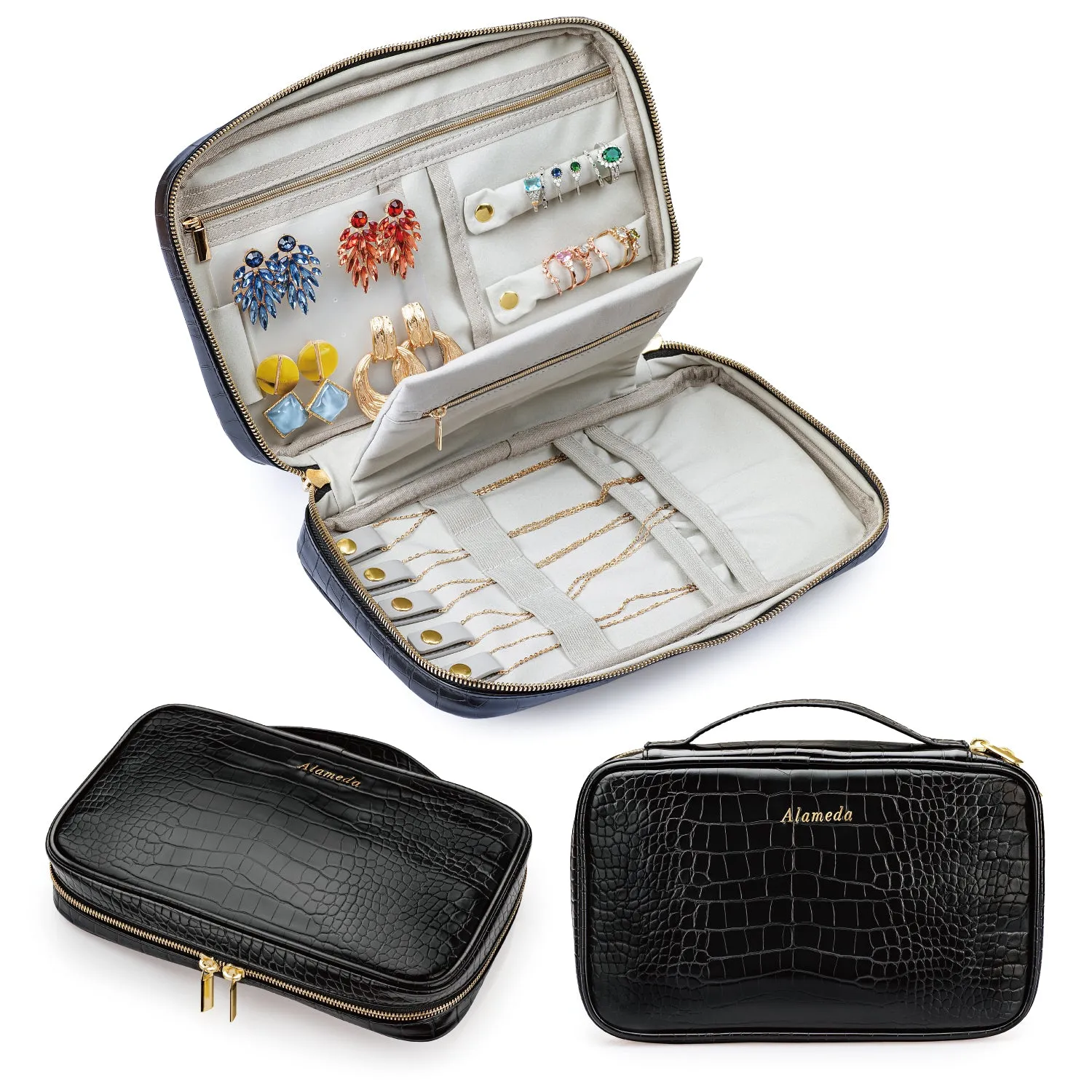 Alameda Travel Jewelry Organizer Case Crocodile Grain Leather Jewelry Storage Bag for Earrings, Necklace, Bracelet, Rings, Green