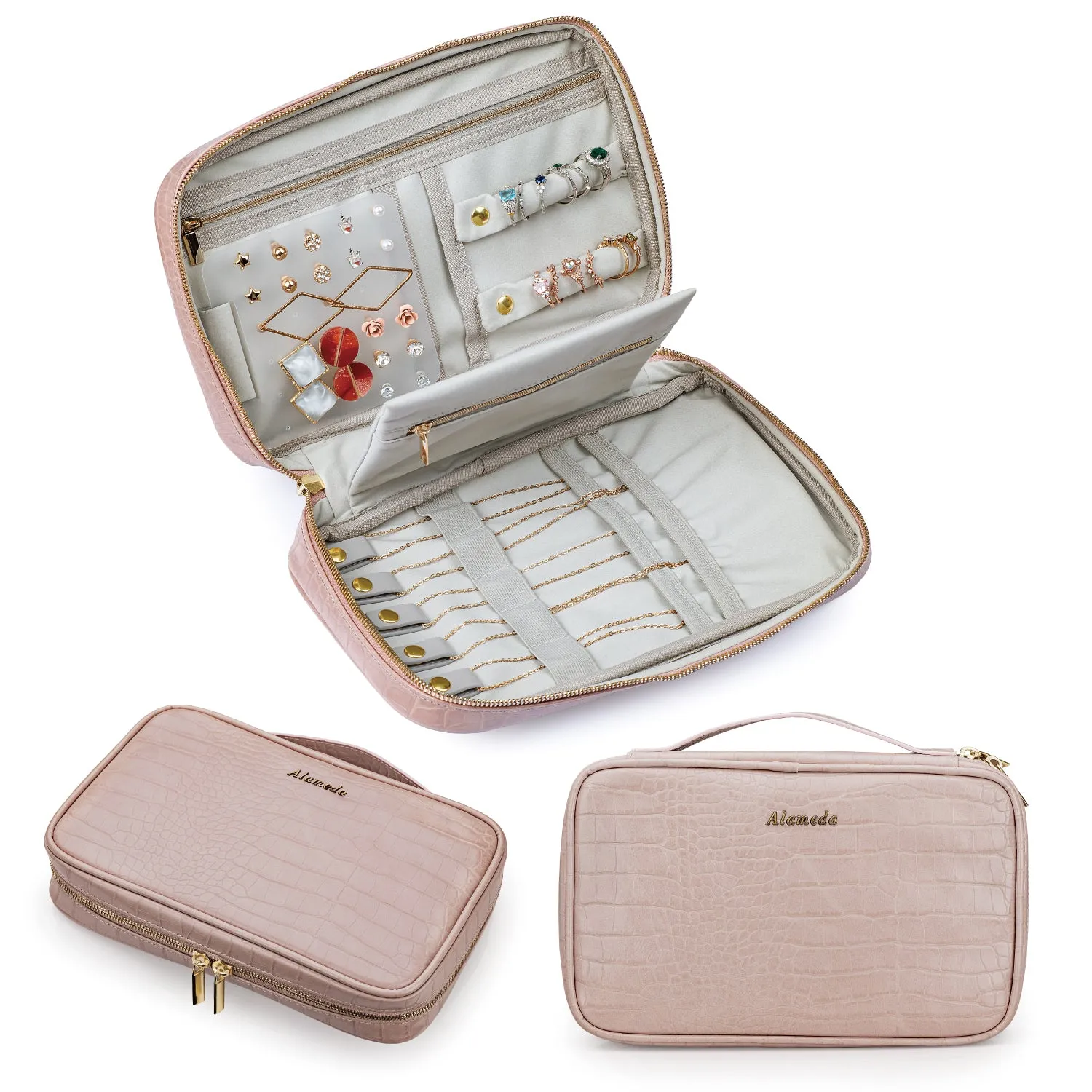 Alameda Travel Jewelry Organizer Case Crocodile Grain Leather Jewelry Storage Bag for Earrings, Necklace, Bracelet, Rings, Green