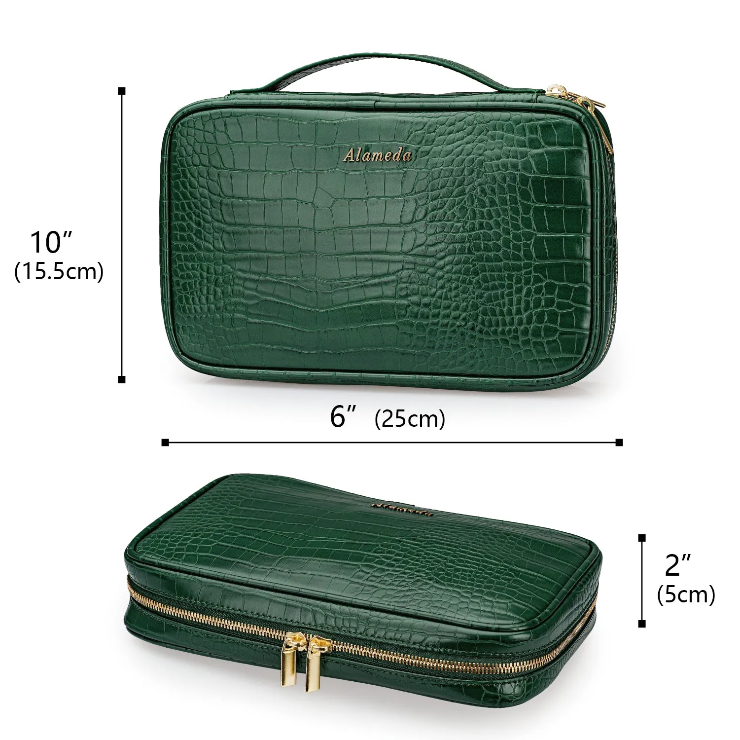Alameda Travel Jewelry Organizer Case Crocodile Grain Leather Jewelry Storage Bag for Earrings, Necklace, Bracelet, Rings, Green