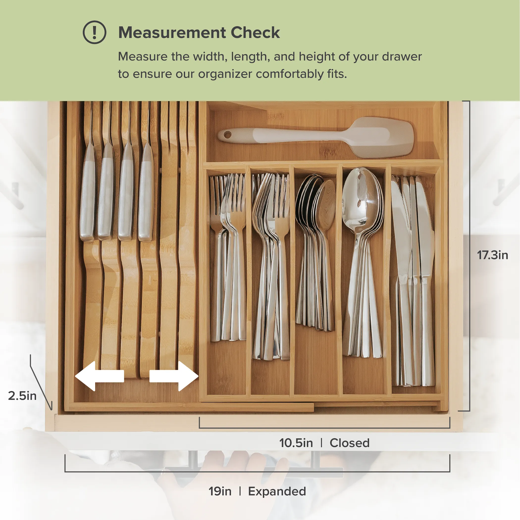 Bamboo Drawer Organizer for Silverware & Utensils (Expands 10.5-19in)