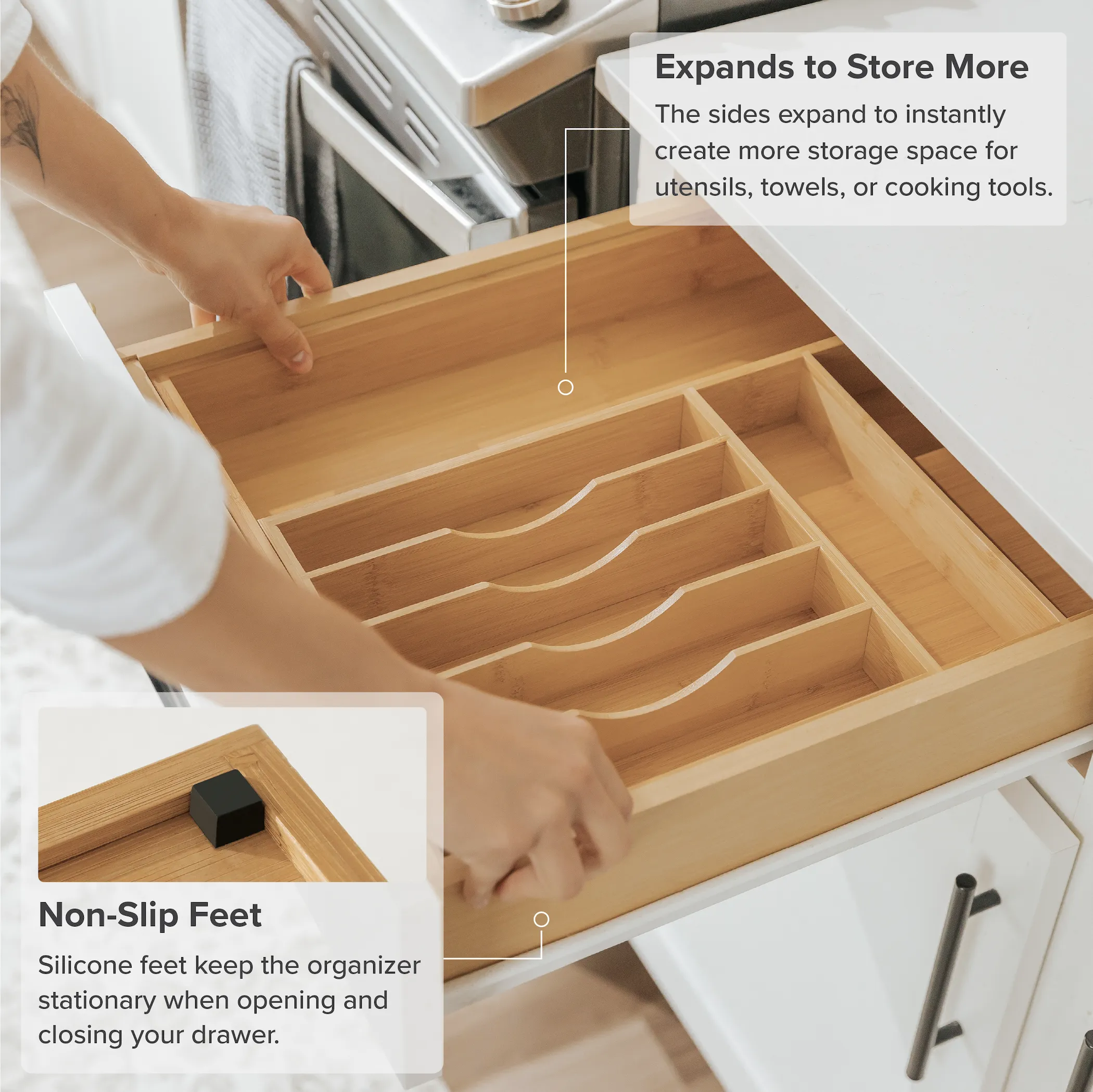 Bamboo Drawer Organizer for Silverware & Utensils (Expands 10.5-19in)