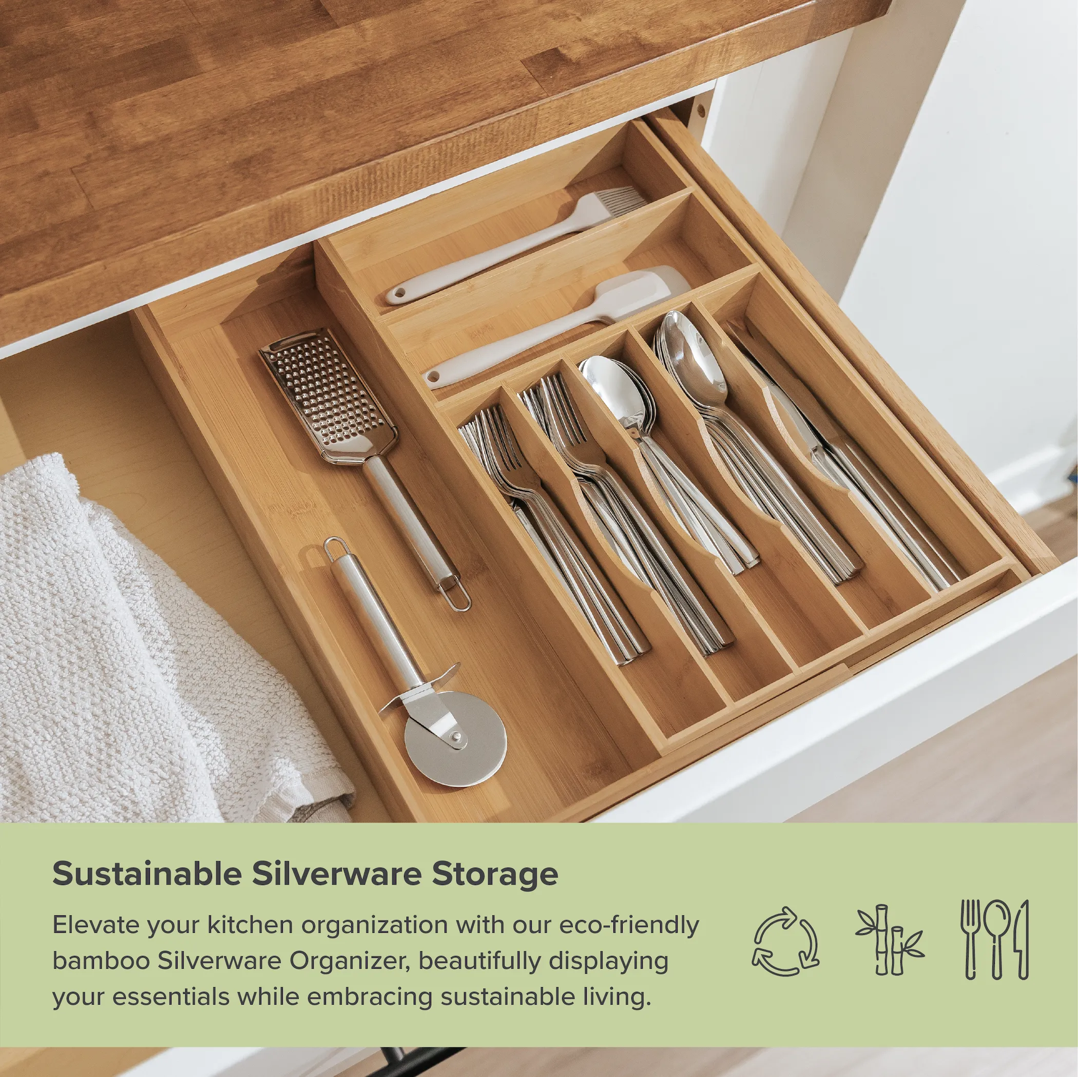 Bamboo Drawer Organizer for Silverware & Utensils (Expands 10.5-19in)