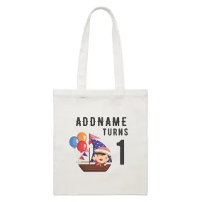 Birthday Sailor Baby Girl In Ship With Balloon Addname Turns 1 White Canvas Bag
