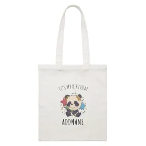 Birthday Sketch Animals Panda with Party Hat Holding Bamboo It's My Birthday Addname White Canvas Bag