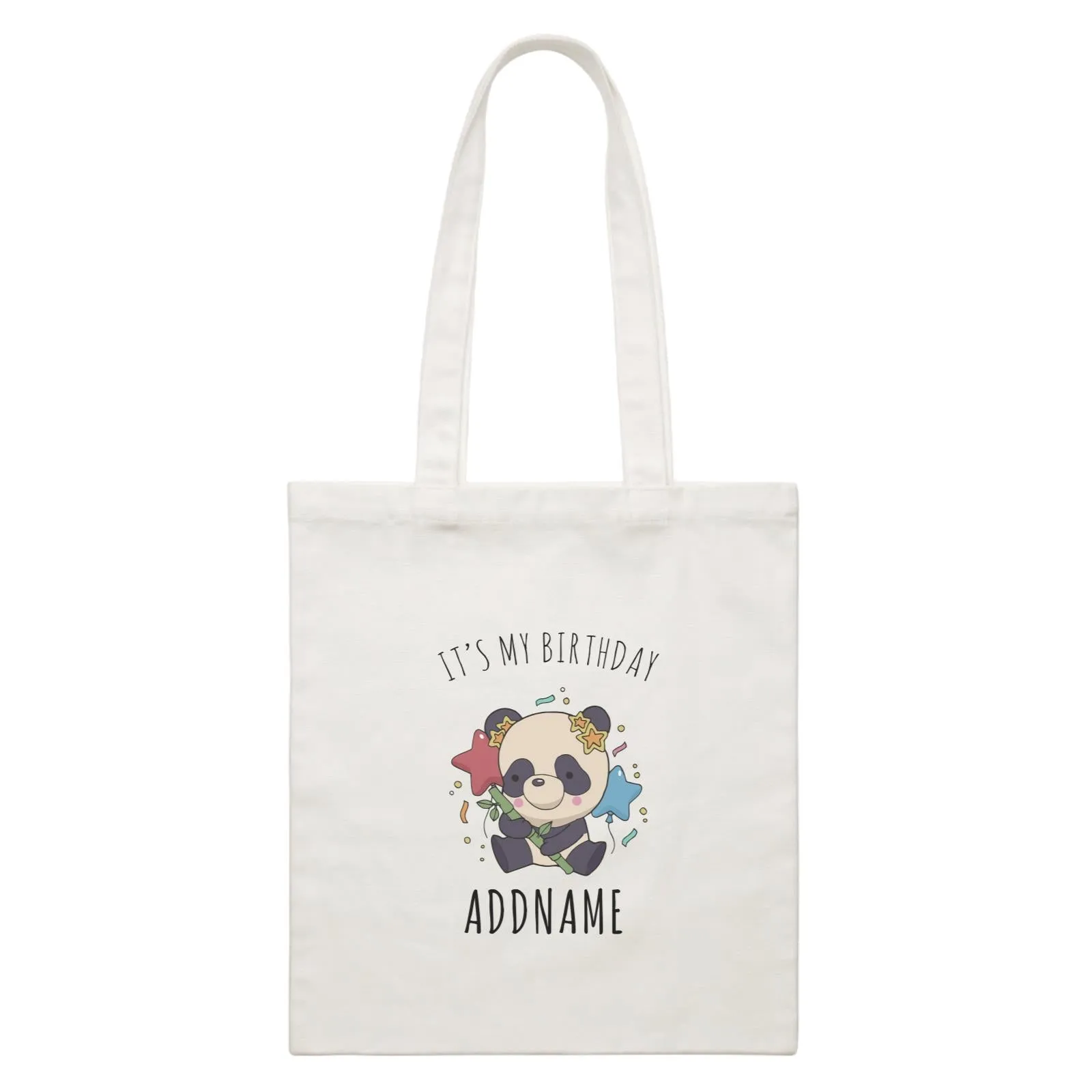 Birthday Sketch Animals Panda with Party Hat Holding Bamboo It's My Birthday Addname White Canvas Bag