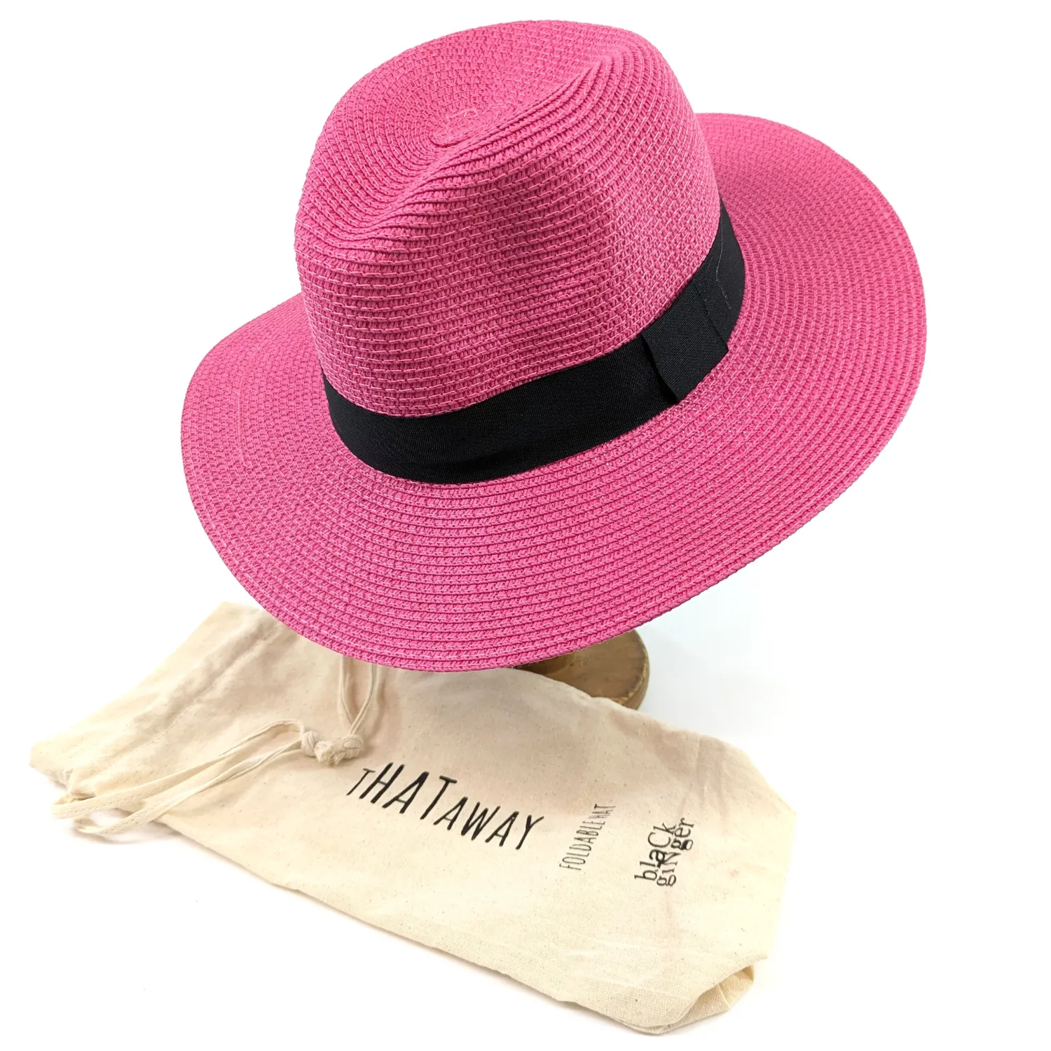 Black Ginger Folding Panama Style Travel Sun Hat - Bright Pink