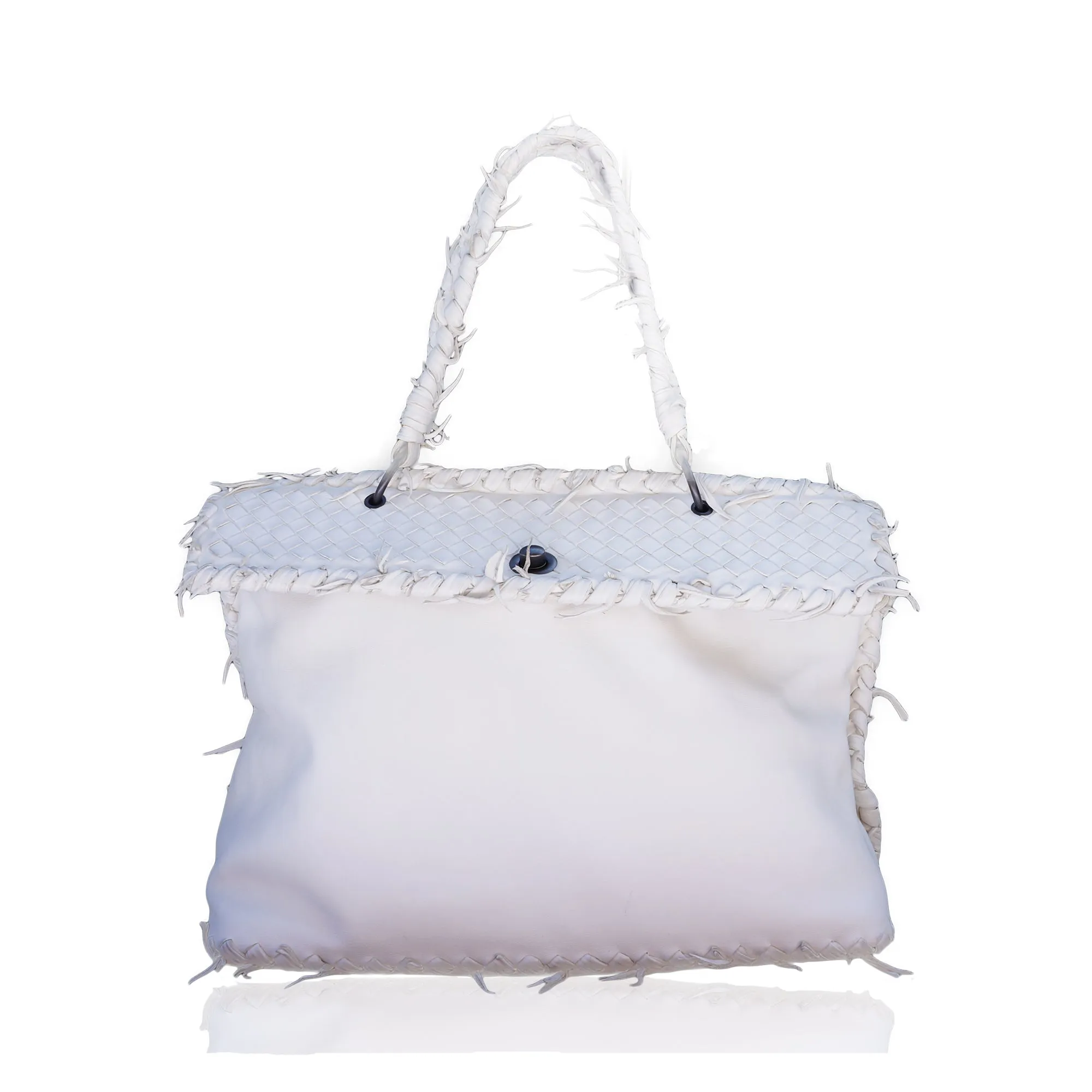 BOTTEGA VENETA IVORY LEATHER INTRECCIATO TRIM FRAME BAG