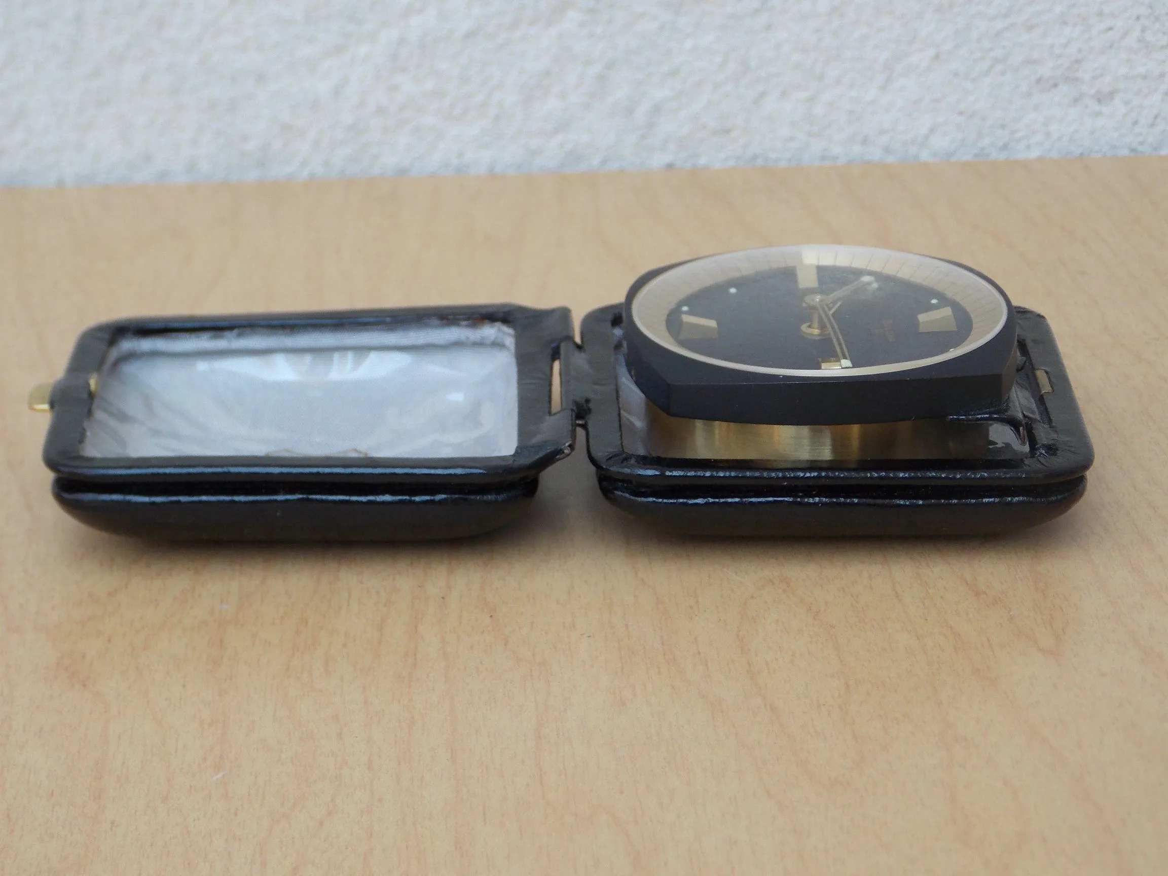 Bulova 8-Day Brass Black Leather Square Travel Clock, Wind Up