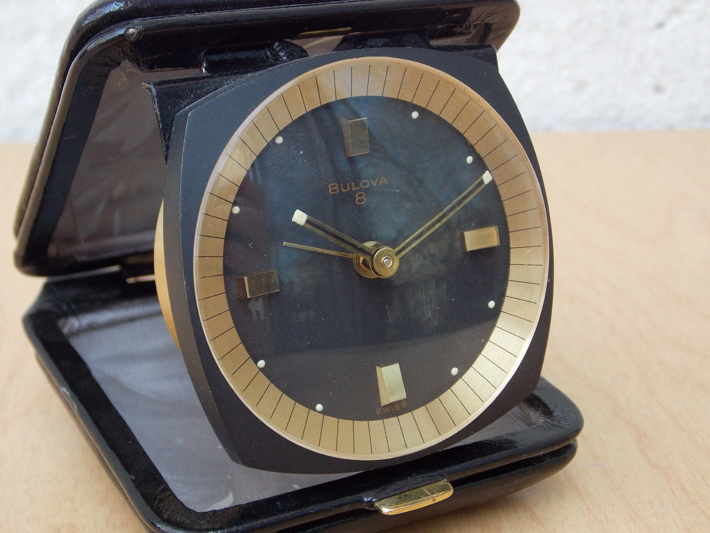 Bulova 8-Day Brass Black Leather Square Travel Clock, Wind Up
