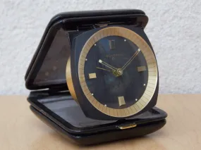 Bulova 8-Day Brass Black Leather Square Travel Clock, Wind Up