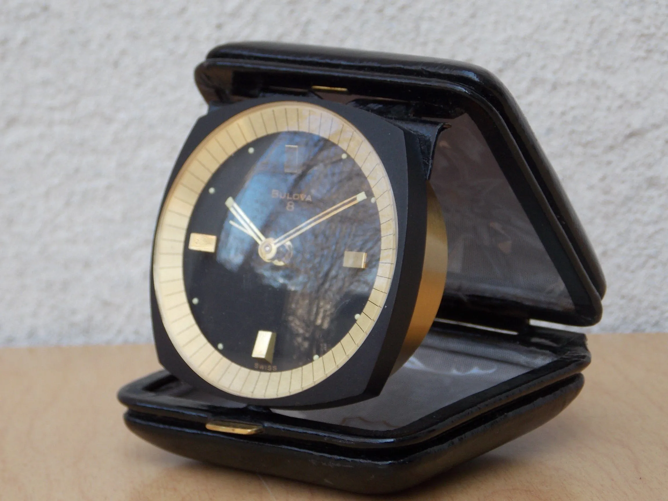 Bulova 8-Day Brass Black Leather Square Travel Clock, Wind Up