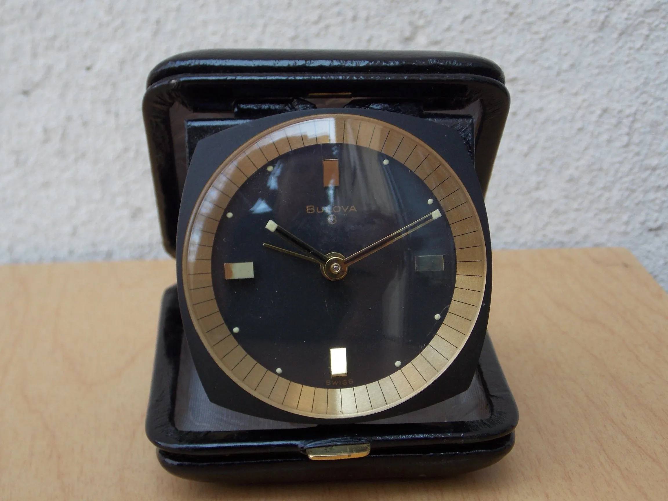 Bulova 8-Day Brass Black Leather Square Travel Clock, Wind Up