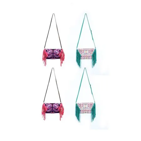 BUNDLE: 4 Piece Embroidery & Leather Fringe Crossbody Bag - Thailand