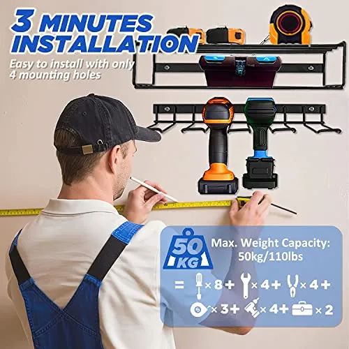 Bygytyo Power Tool Organizer Wall Mount Storage Rack,2 Layers Garage Storage Organizer Rack Heavy Duty Metal Drill Holder Tool Shelf Holder for Lifetime Use,Perfect for Father's Day (New Vision)