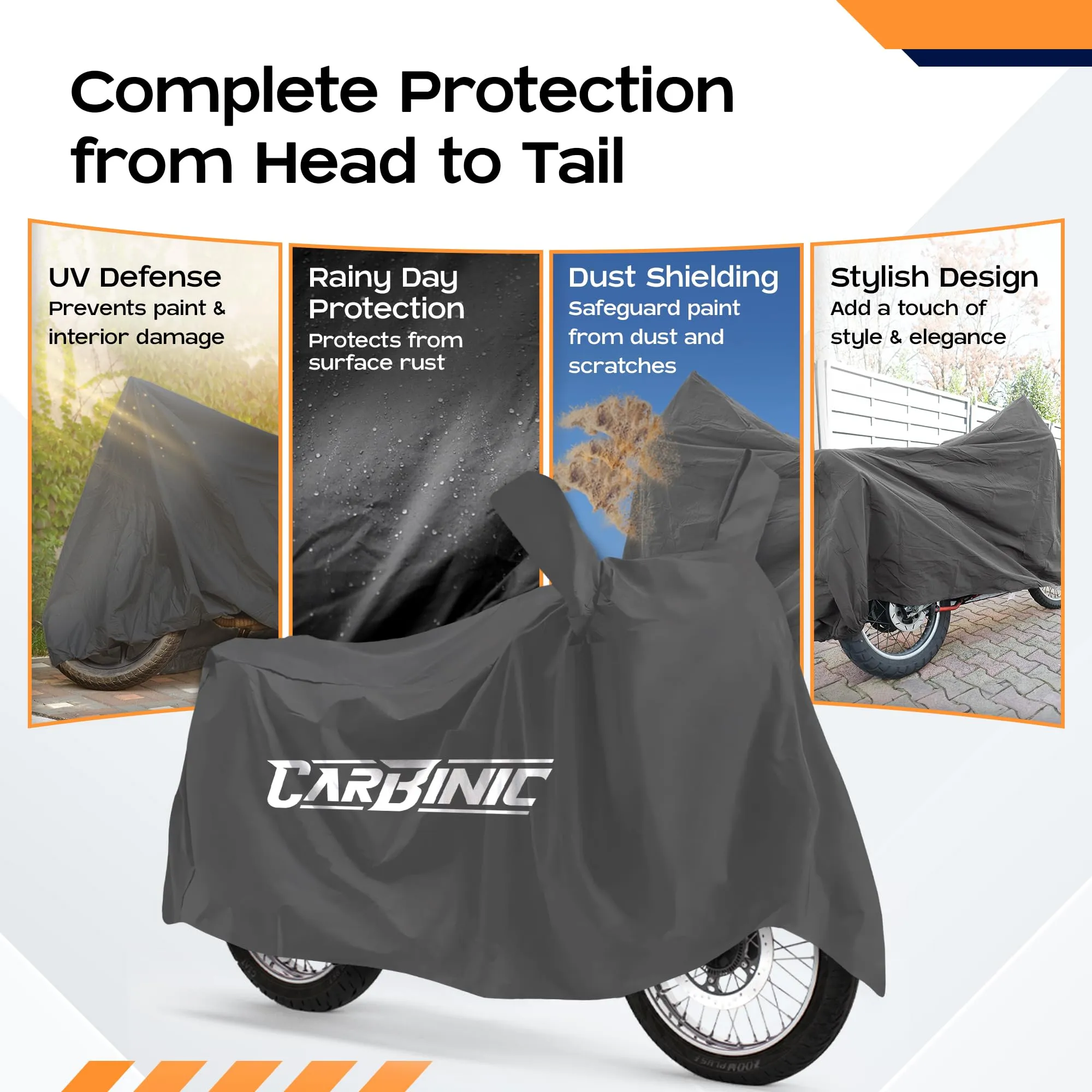 CARBINIC Water Resistant Bike Cover | Enfield Classic Kawaski Ninja KTM Suzuki Benelli | Two Wheeler Bike Cover | Dustproof Bike Accessories | UV Proof Scratchproof with Mirror Pocket | Grey