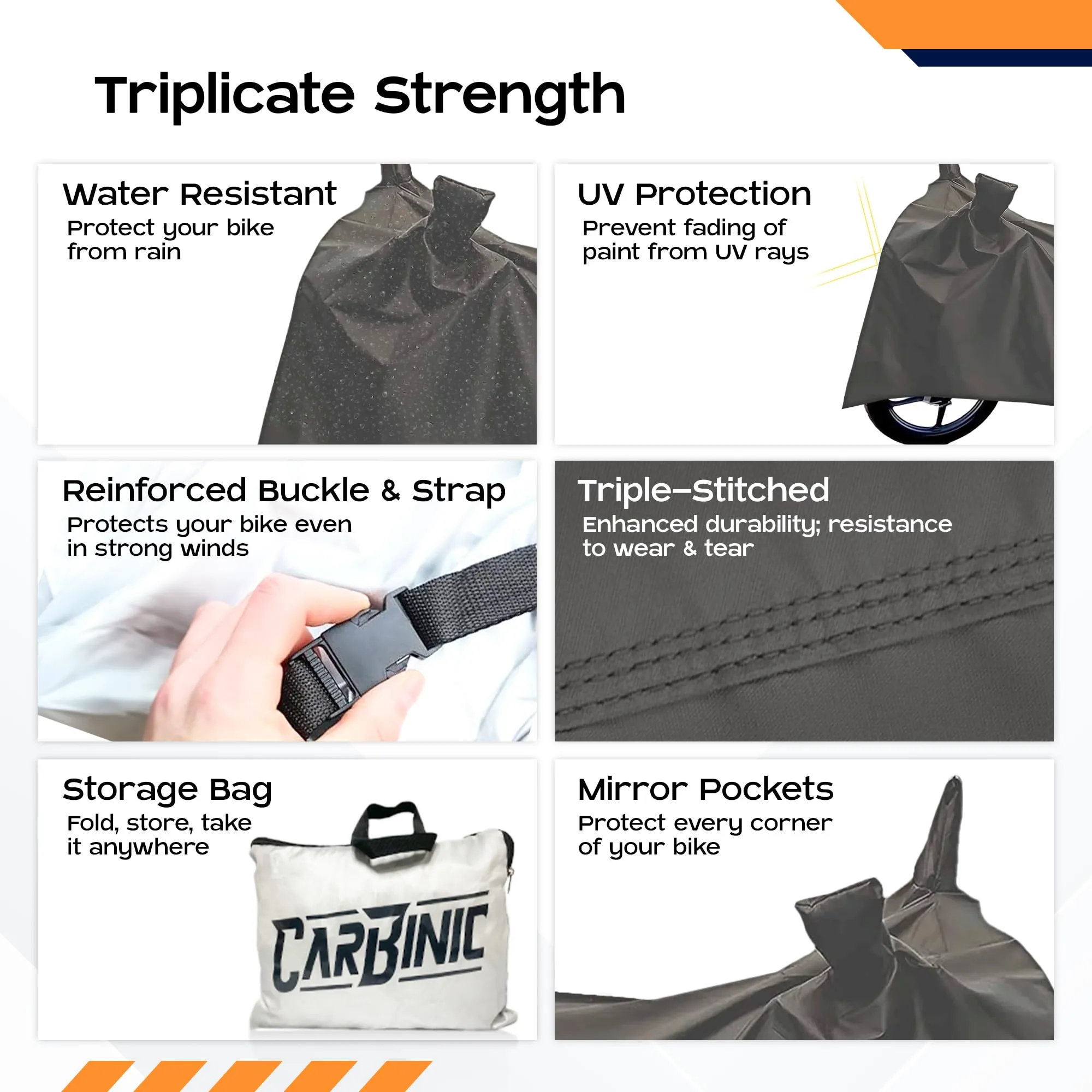 CARBINIC Water Resistant Bike Cover | Enfield Classic Kawaski Ninja KTM Suzuki Benelli | Two Wheeler Bike Cover | Dustproof Bike Accessories | UV Proof Scratchproof with Mirror Pocket | Grey