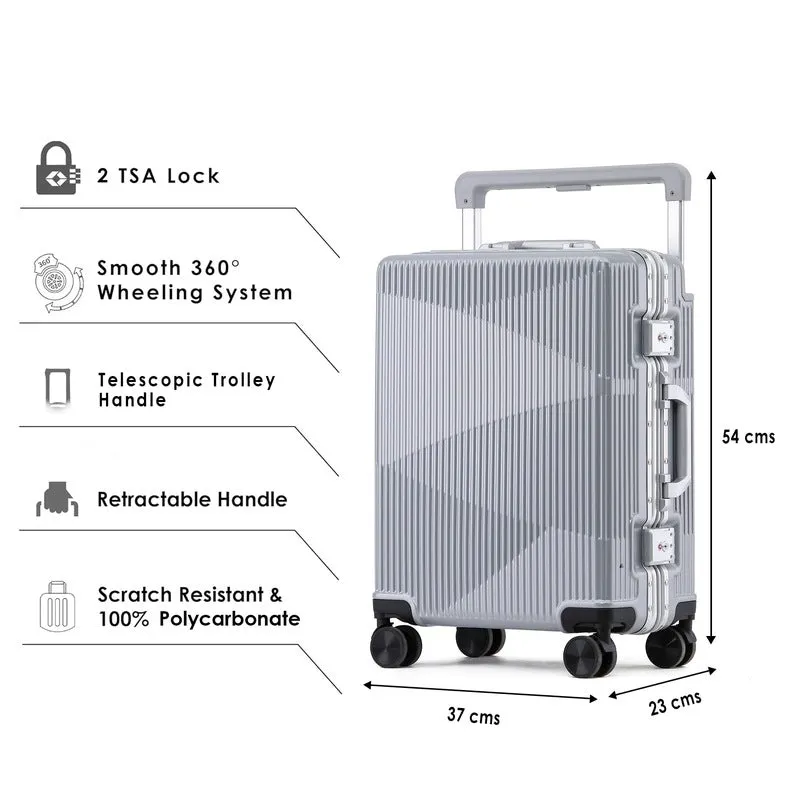Clownfish Aeroglide Series Trolley Bags for Travel | Suitcase for Travel | Cabin Trolley Bags Luggage Bags | Polycarbonate | 41 litres | Metallic Silver