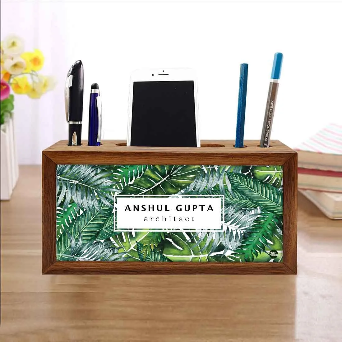Custom-Made Wooden desk drawer organizer - Green Leaves