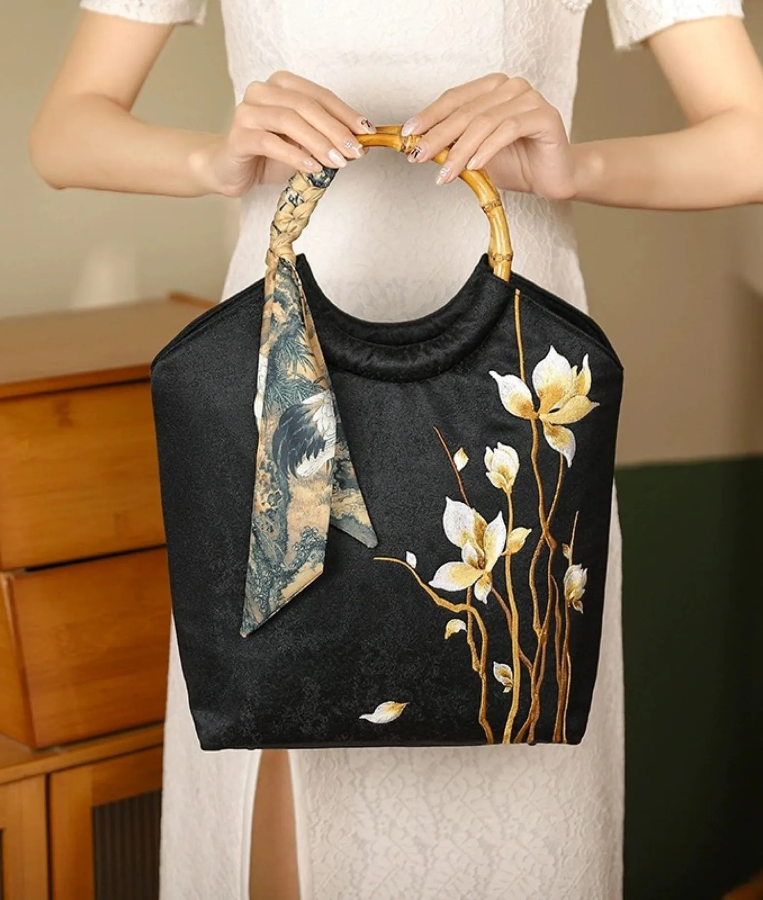 DEW silk scarf embellished embroidered tote bag