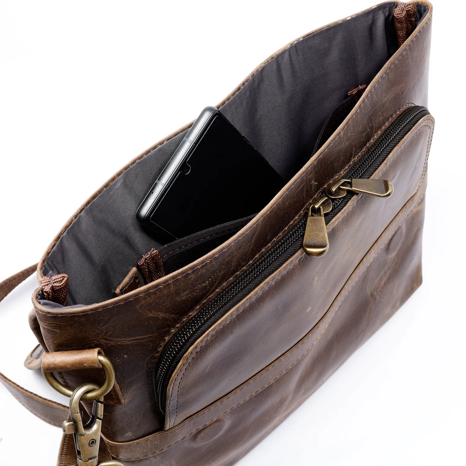 Distressed Leather Slim Crossbody Tablet Messenger