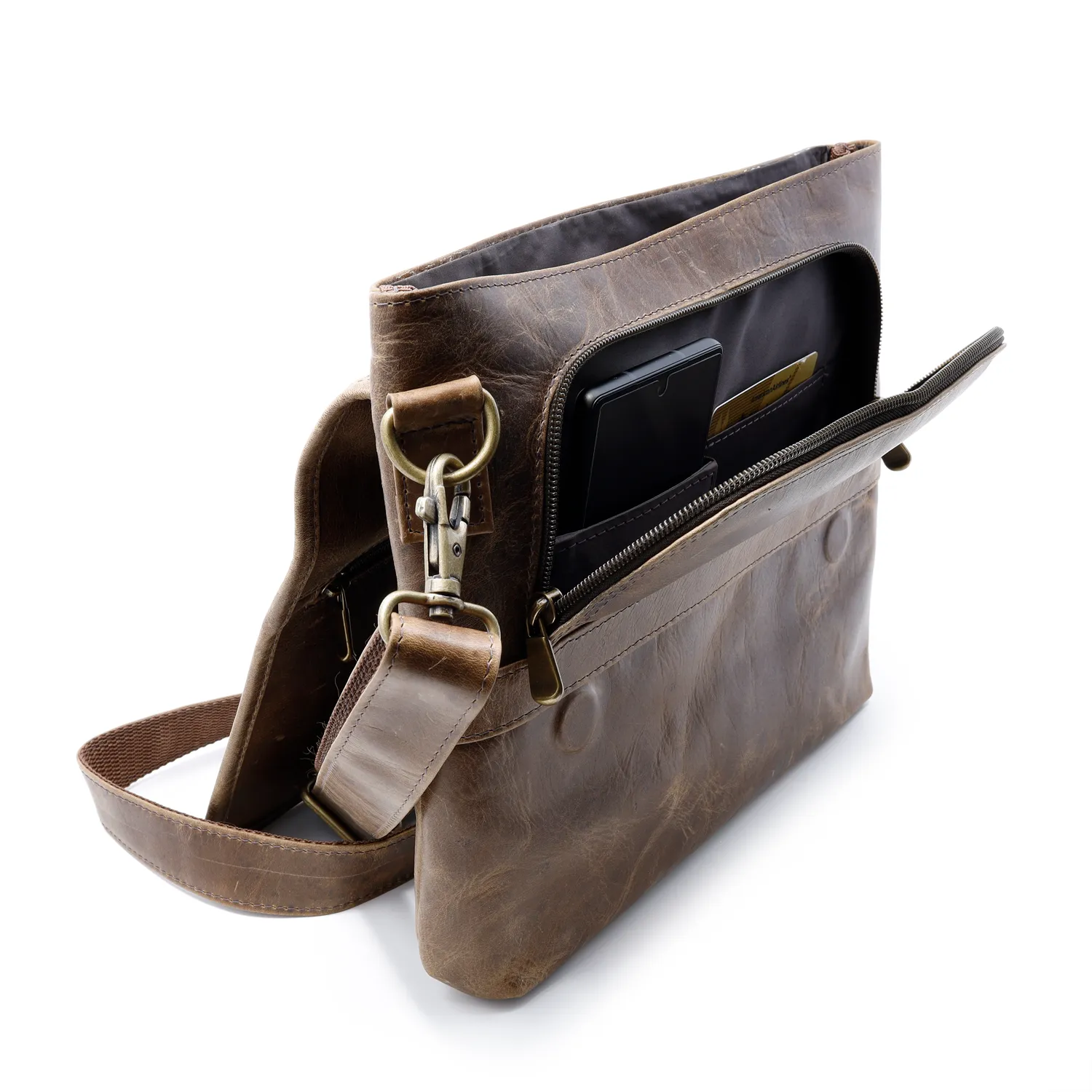 Distressed Leather Slim Crossbody Tablet Messenger