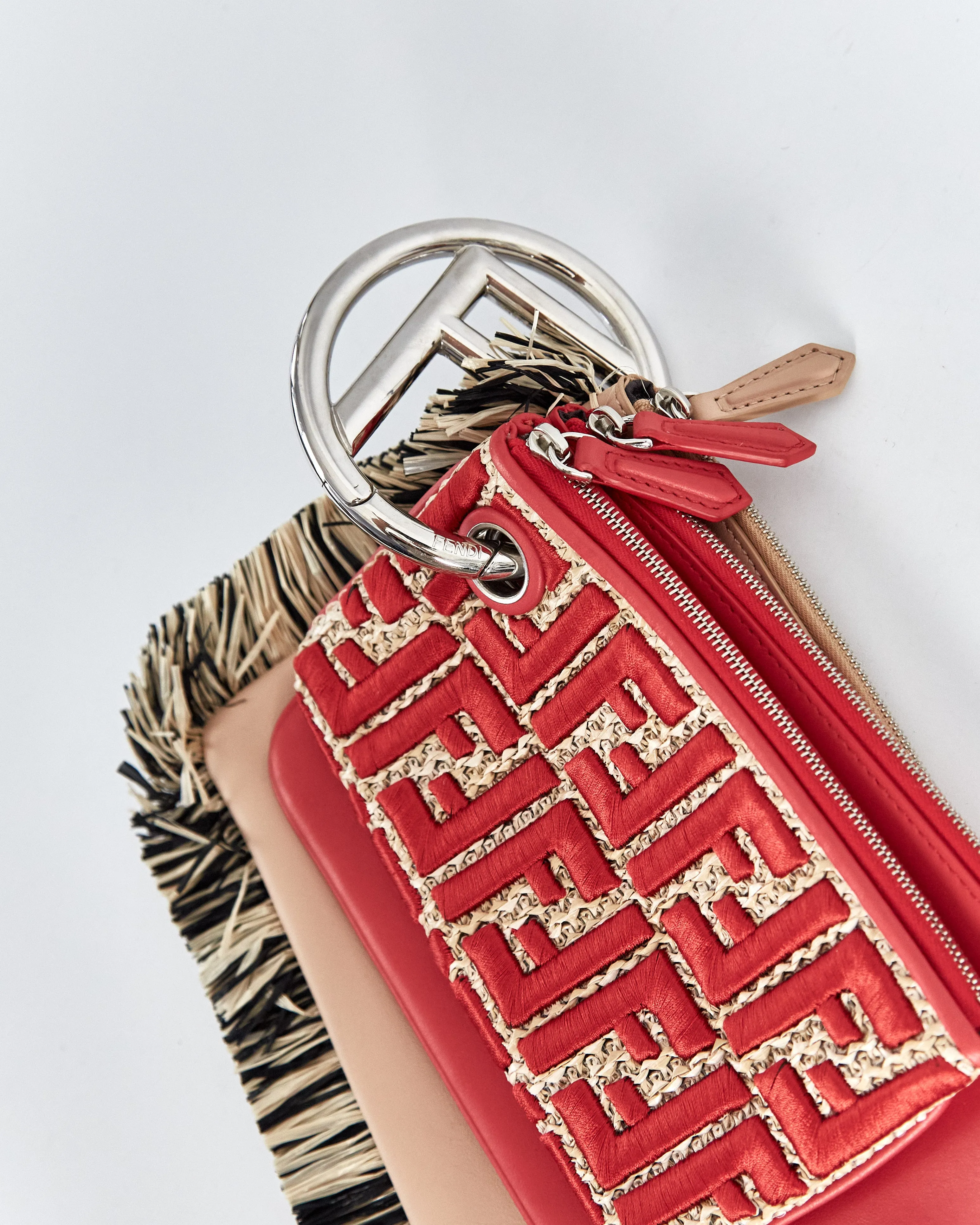Fendi 'triplette raffia fringe' clutch bag, red & beige