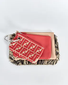 Fendi 'triplette raffia fringe' clutch bag, red & beige