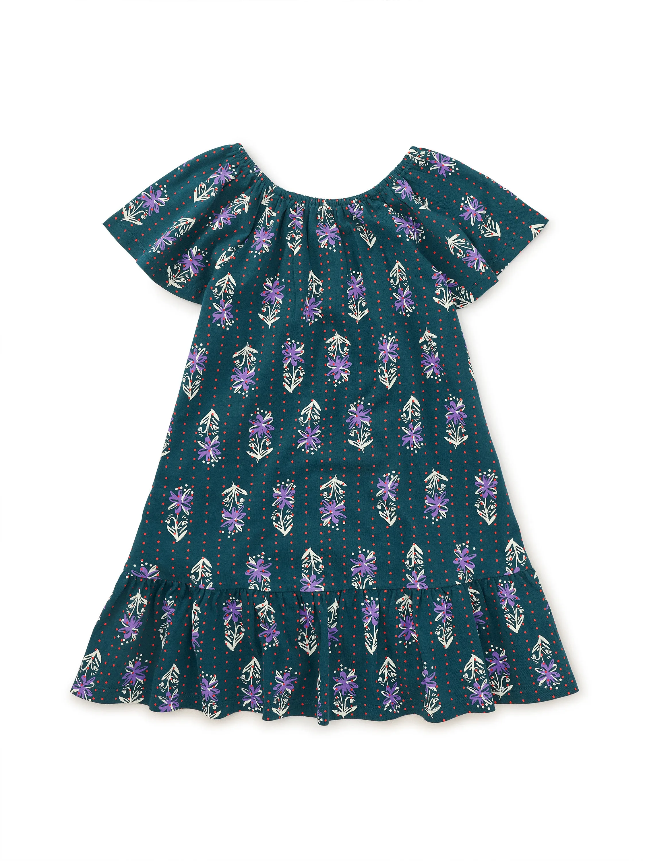 Flutter Sleeve Drop Skirt Dress in Dotted Navy Floral Print