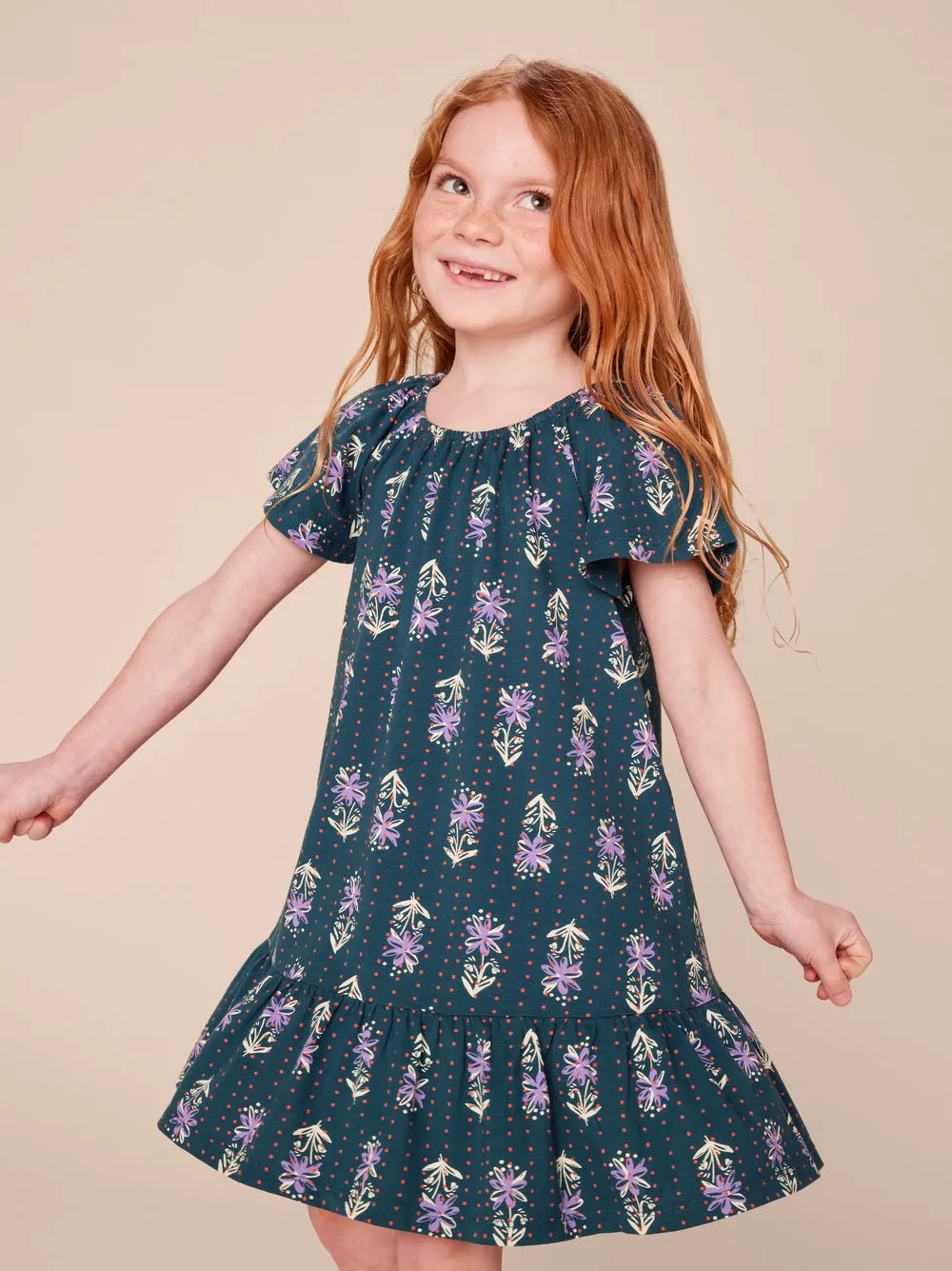 Flutter Sleeve Drop Skirt Dress in Dotted Navy Floral Print
