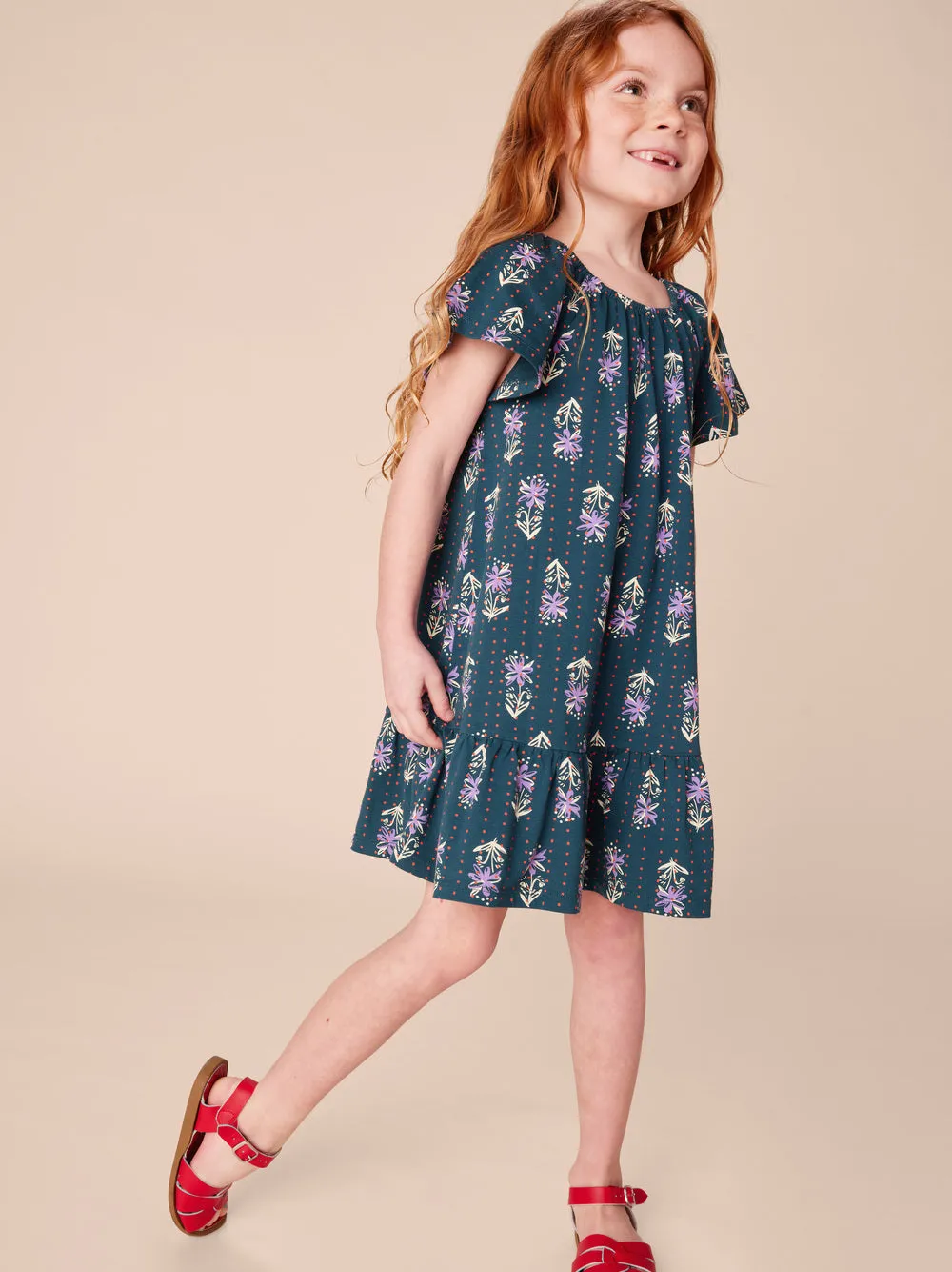 Flutter Sleeve Drop Skirt Dress in Dotted Navy Floral Print