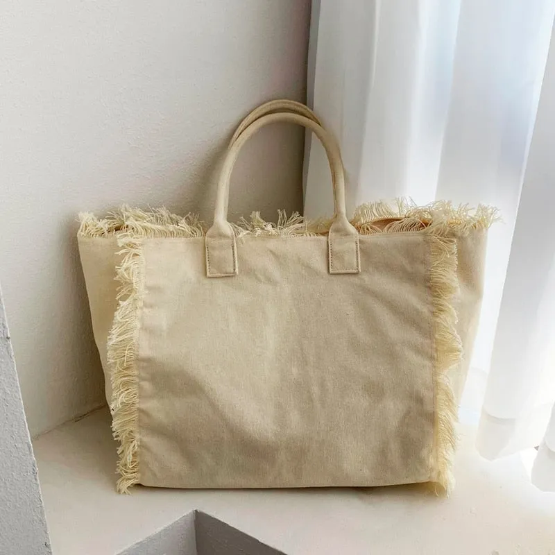 Fringe Trim Large Canvas Totes - 2 Colors