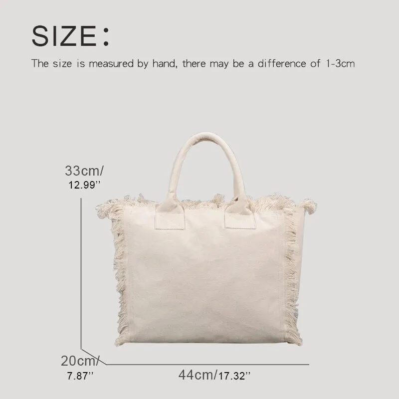 Fringe Trim Large Canvas Totes - 2 Colors