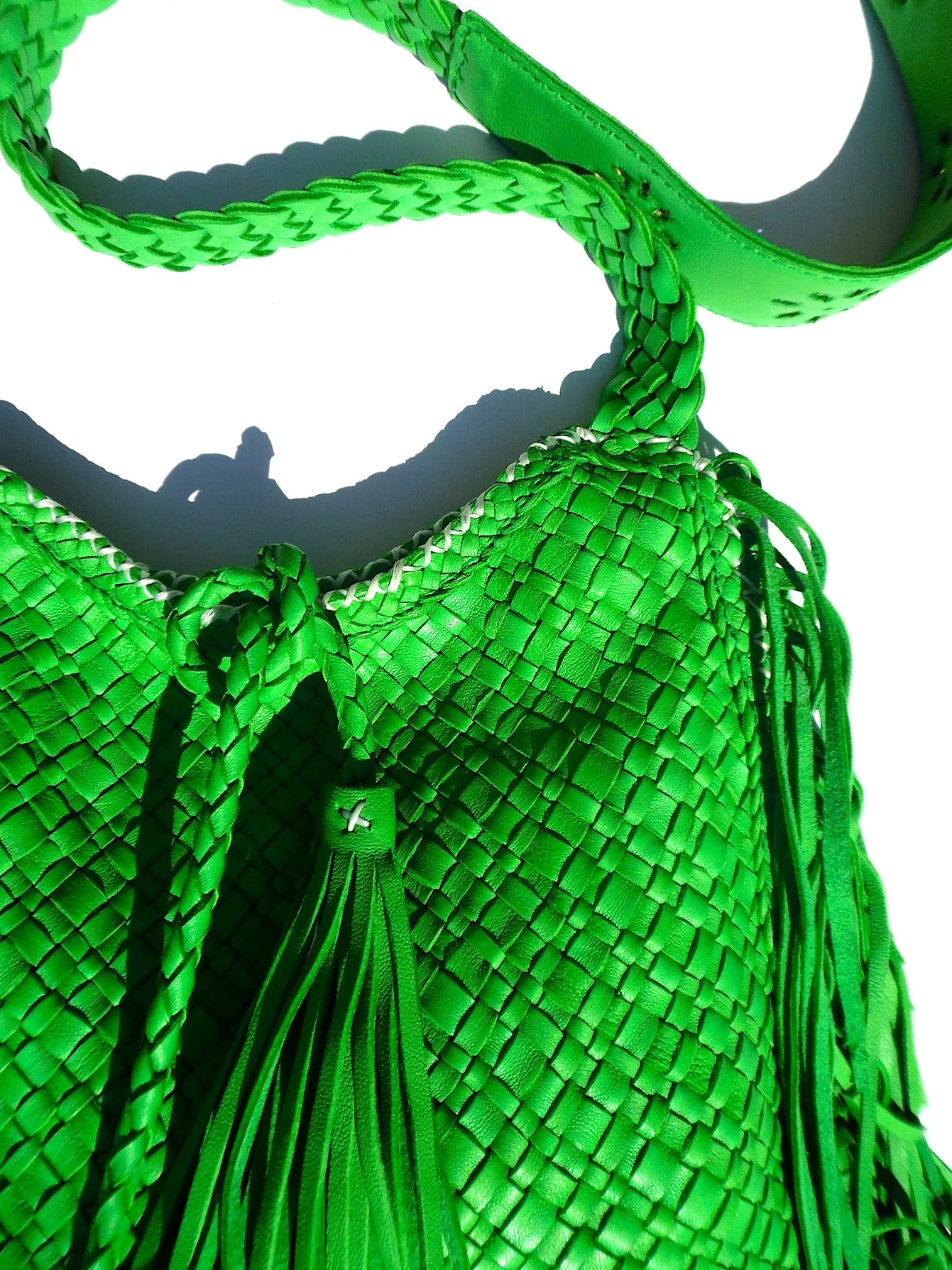 Hand Woven Leather Shoulder Crossbody Bag And Fringe Green