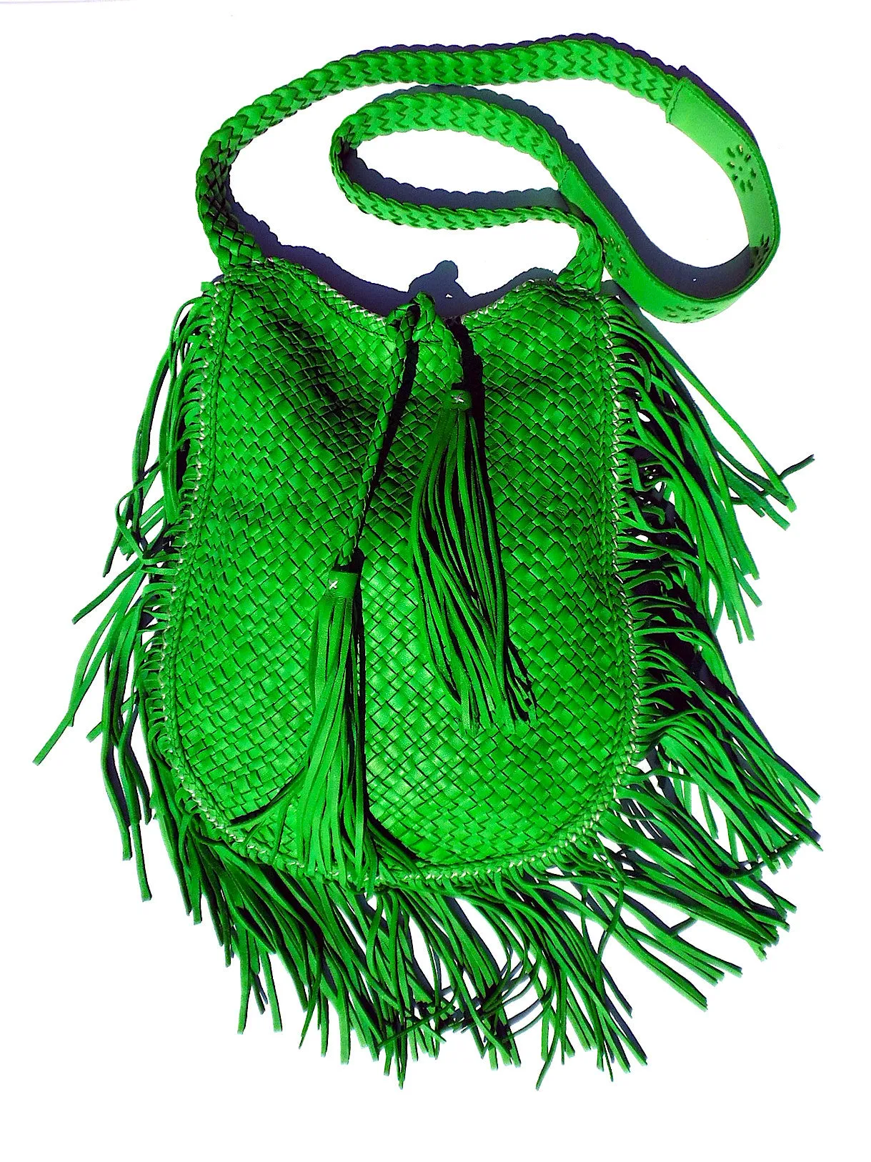 Hand Woven Leather Shoulder Crossbody Bag And Fringe Green