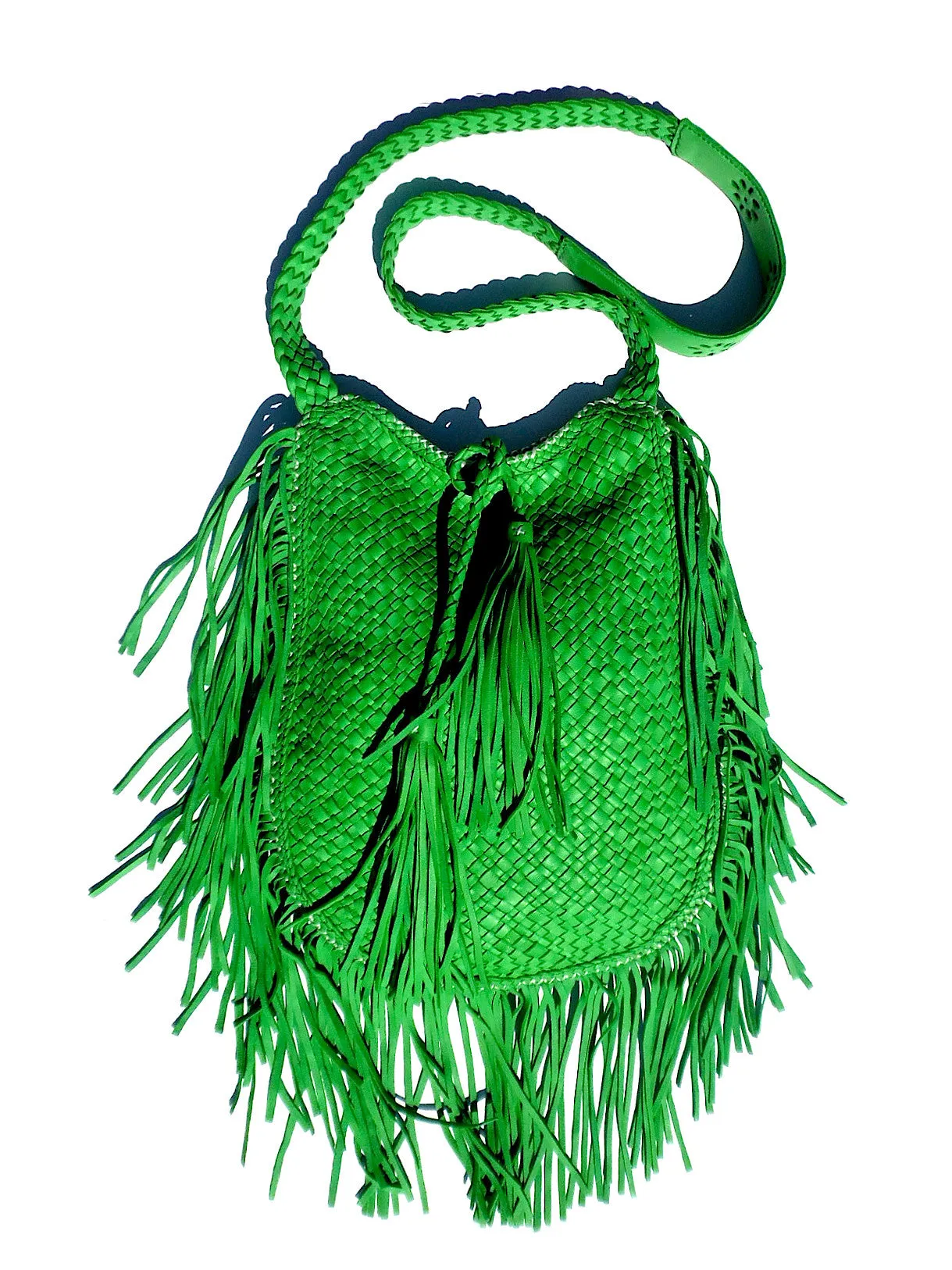 Hand Woven Leather Shoulder Crossbody Bag And Fringe Green
