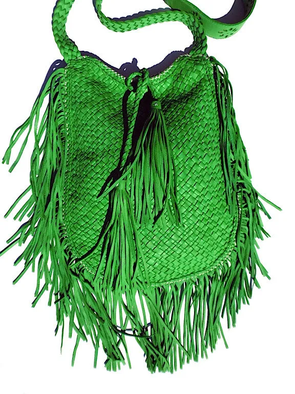 Hand Woven Leather Shoulder Crossbody Bag And Fringe Green