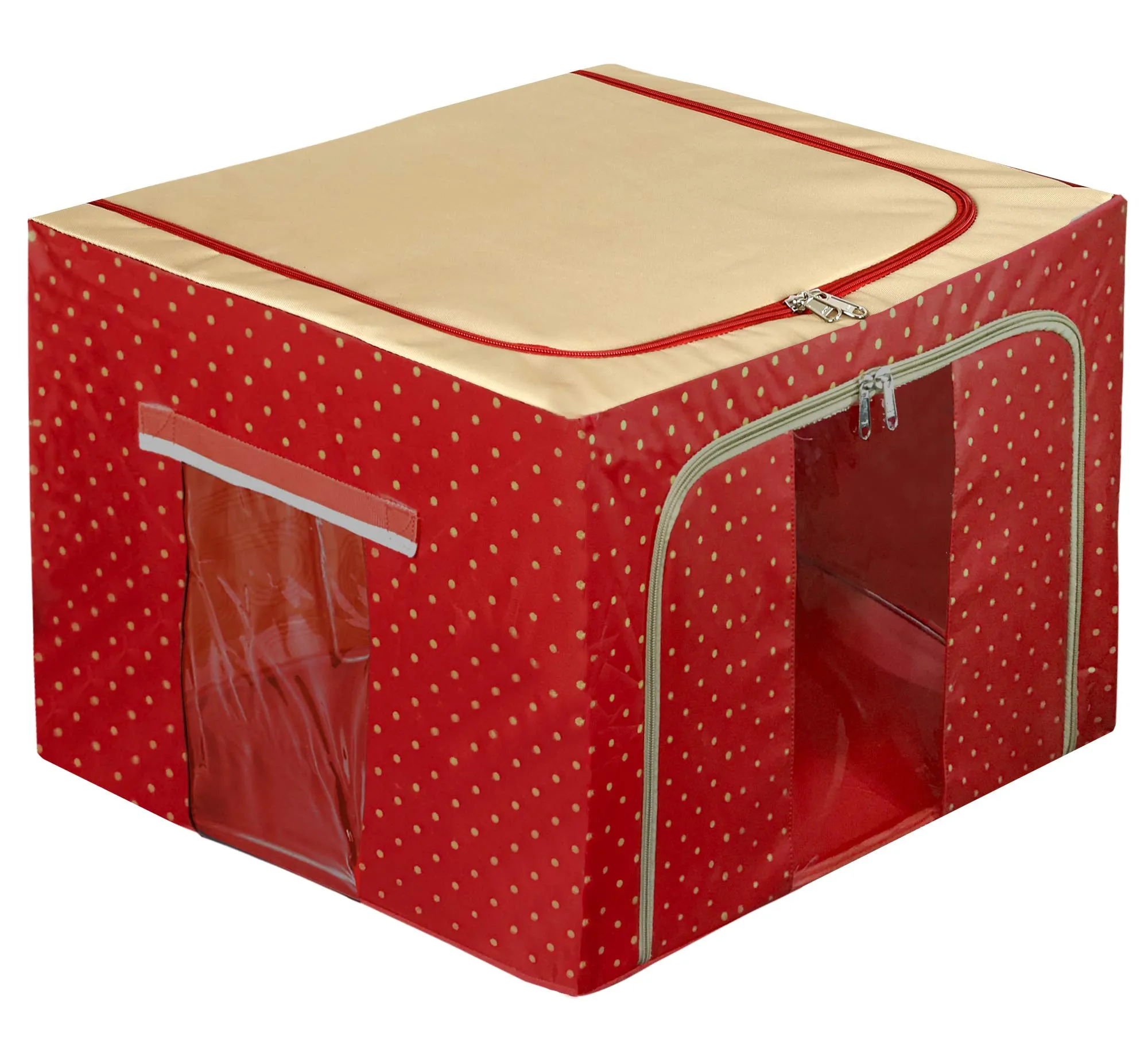 Heart Home Dot Printed Steel Frame Storage Box/Organizer For Clothing, Blankets, Bedding With Clear Window, 44Ltr. (Maroon & Brown)-44HH0241