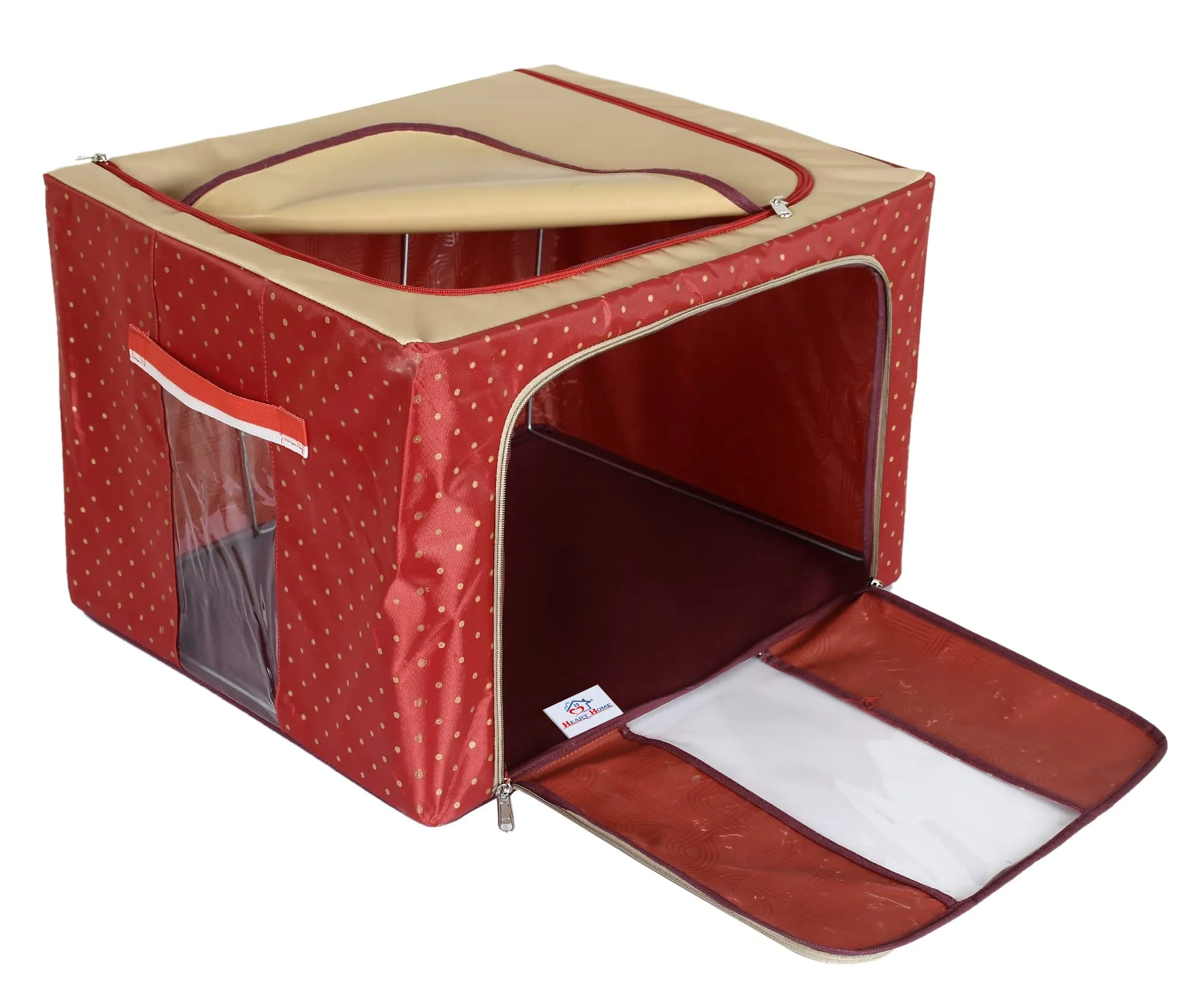 Heart Home Dot Printed Steel Frame Storage Box/Organizer For Clothing, Blankets, Bedding With Clear Window, 44Ltr. (Maroon & Brown)-44HH0241