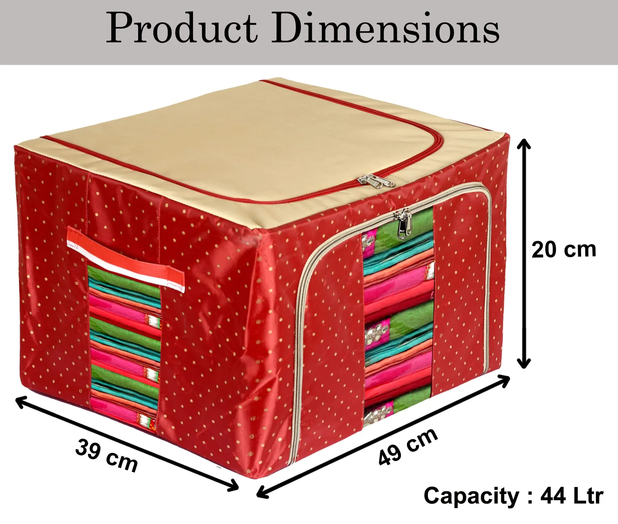 Heart Home Dot Printed Steel Frame Storage Box/Organizer For Clothing, Blankets, Bedding With Clear Window, 44Ltr. (Maroon & Brown)-44HH0241