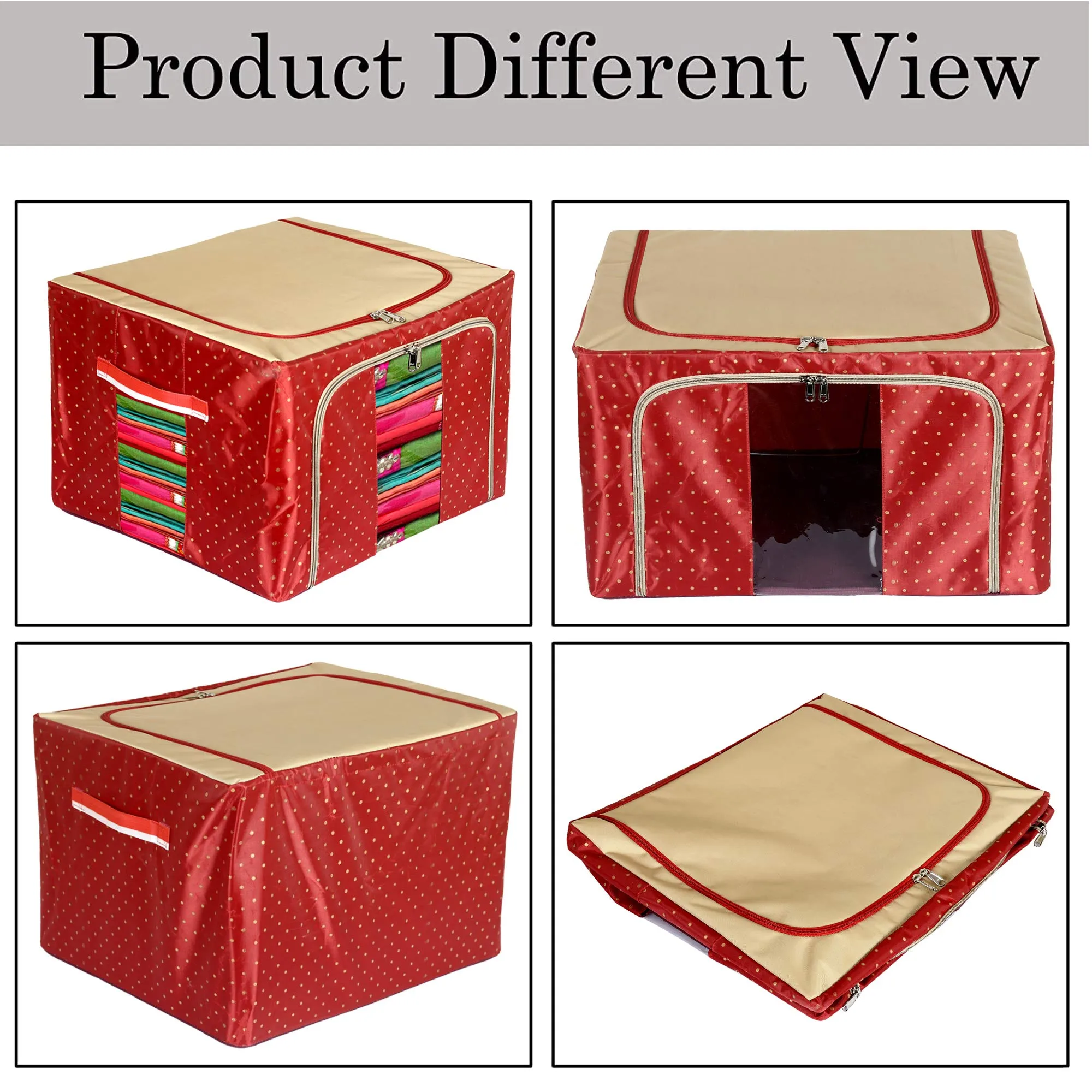 Heart Home Dot Printed Steel Frame Storage Box/Organizer For Clothing, Blankets, Bedding With Clear Window, 44Ltr. (Maroon & Brown)-44HH0241