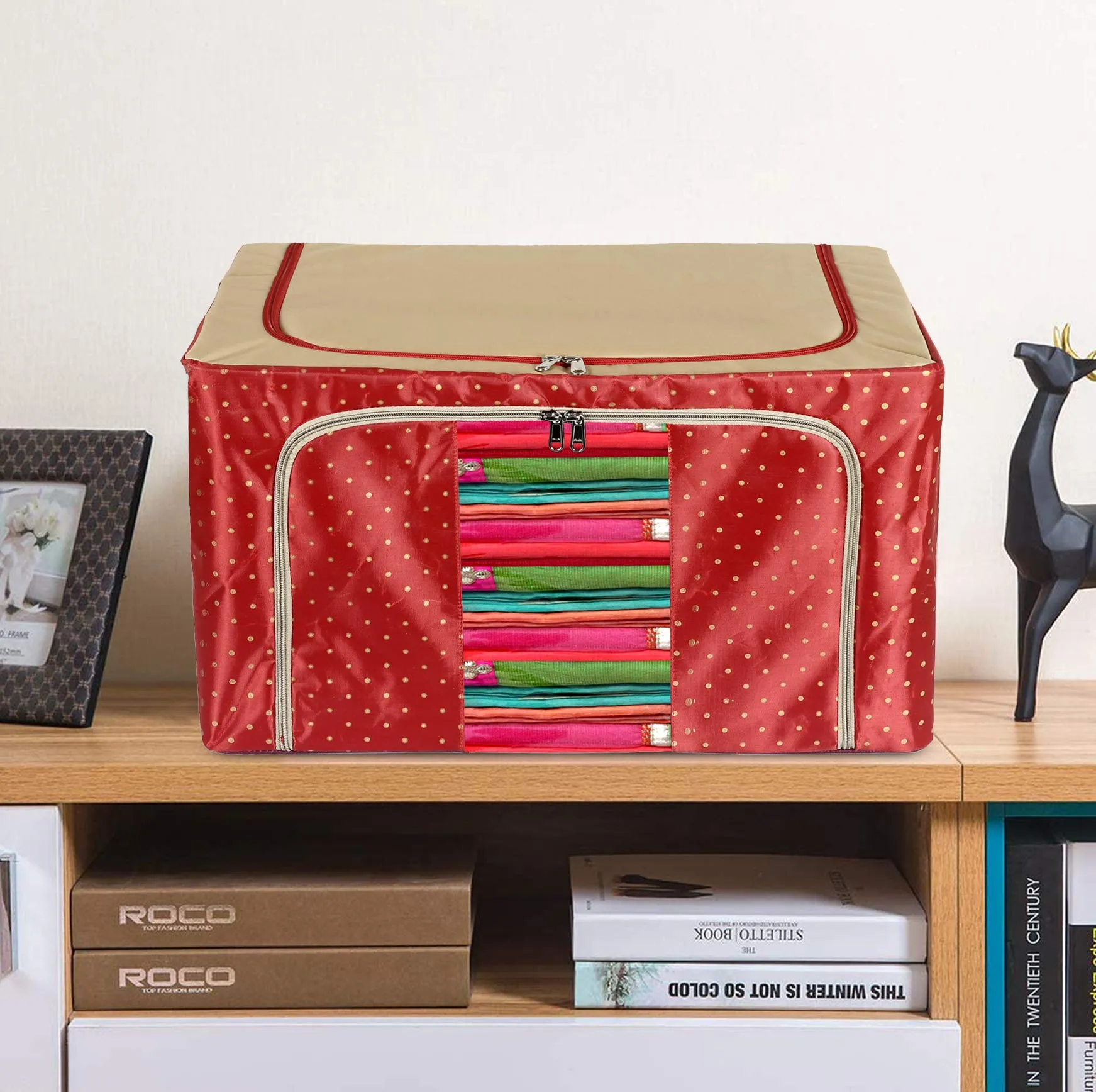 Heart Home Dot Printed Steel Frame Storage Box/Organizer For Clothing, Blankets, Bedding With Clear Window, 44Ltr. (Maroon & Brown)-44HH0241