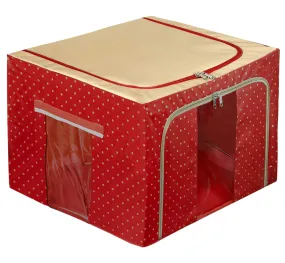 Heart Home Dot Printed Steel Frame Storage Box/Organizer For Clothing, Blankets, Bedding With Clear Window, 44Ltr. (Maroon & Brown)-44HH0241
