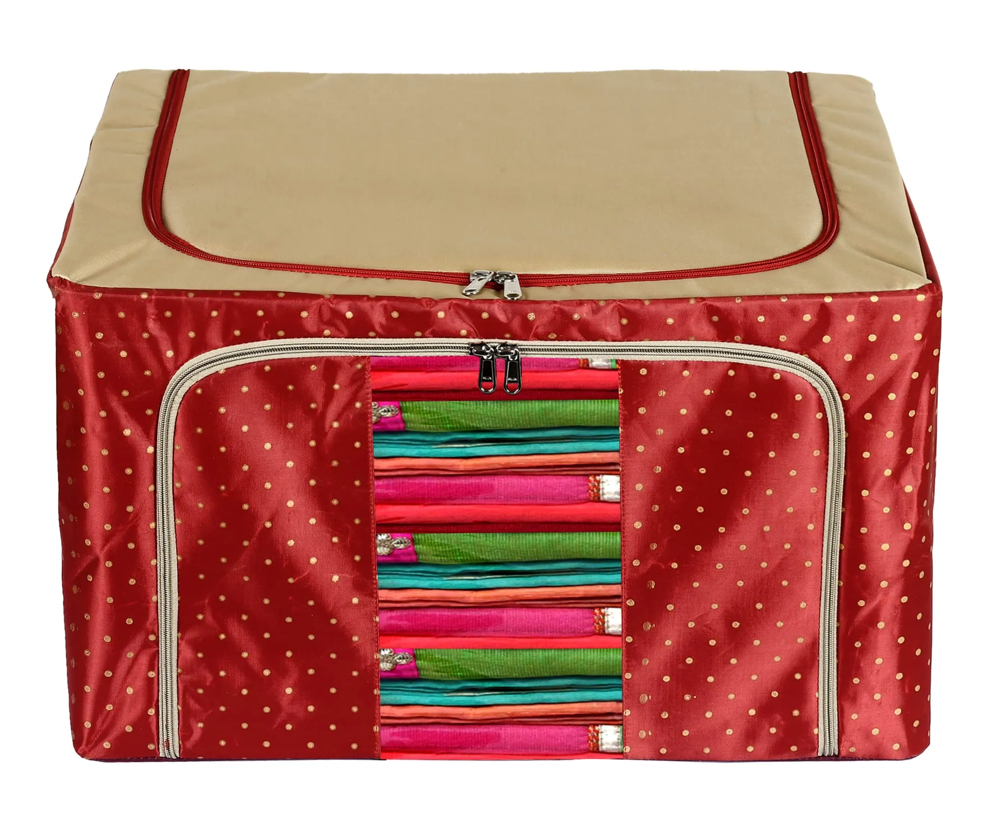 Heart Home Dot Printed Steel Frame Storage Box/Organizer For Clothing, Blankets, Bedding With Clear Window, 44Ltr. (Maroon & Brown)-44HH0241