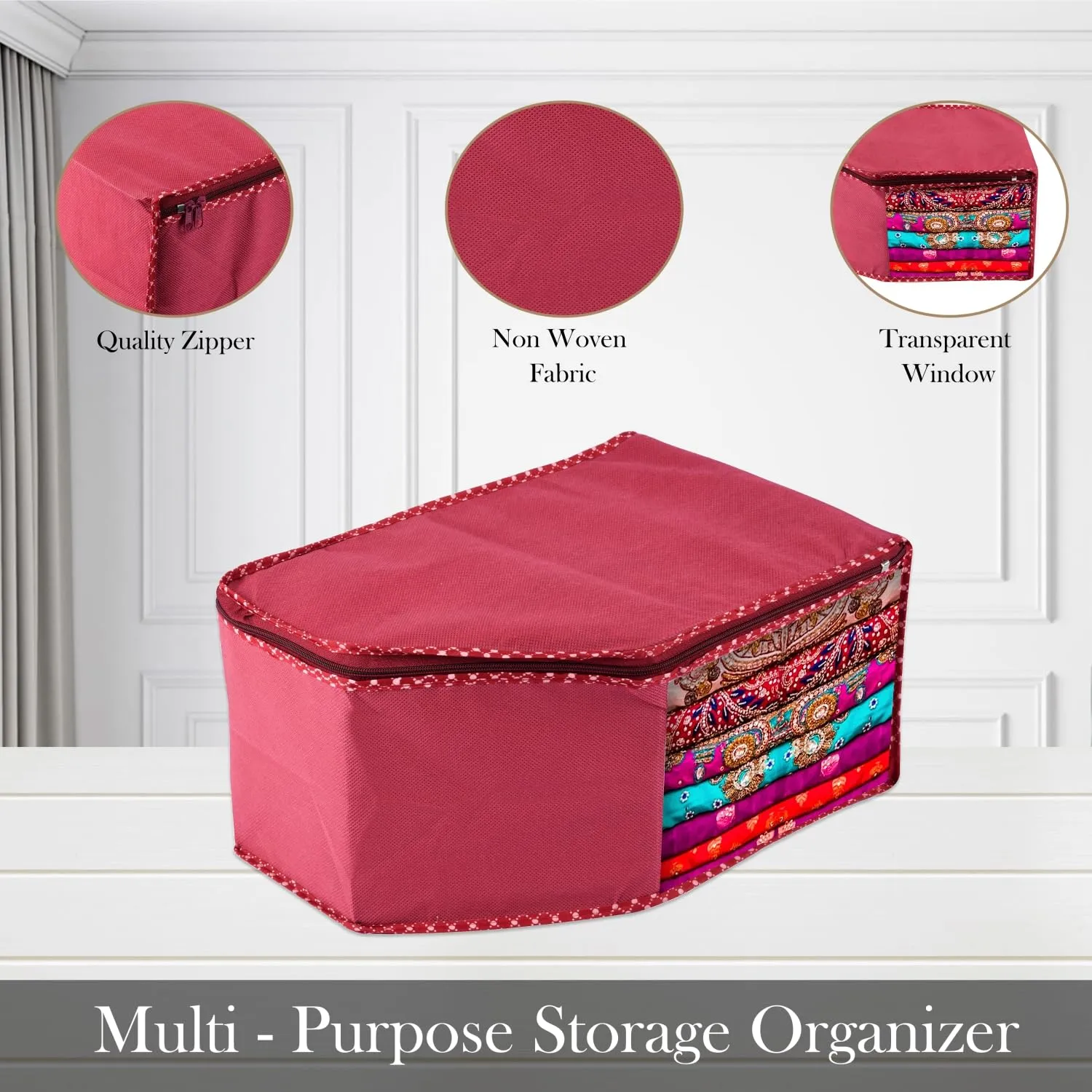 Kuber Industries Blouse Cover | Clothes Storage Bag | Zipper Wardrobe Organizers | Non-Woven Clothes Organiser | Side Transparent Blouse Organizer | Dot Border | Pack of 9 | Maroon
