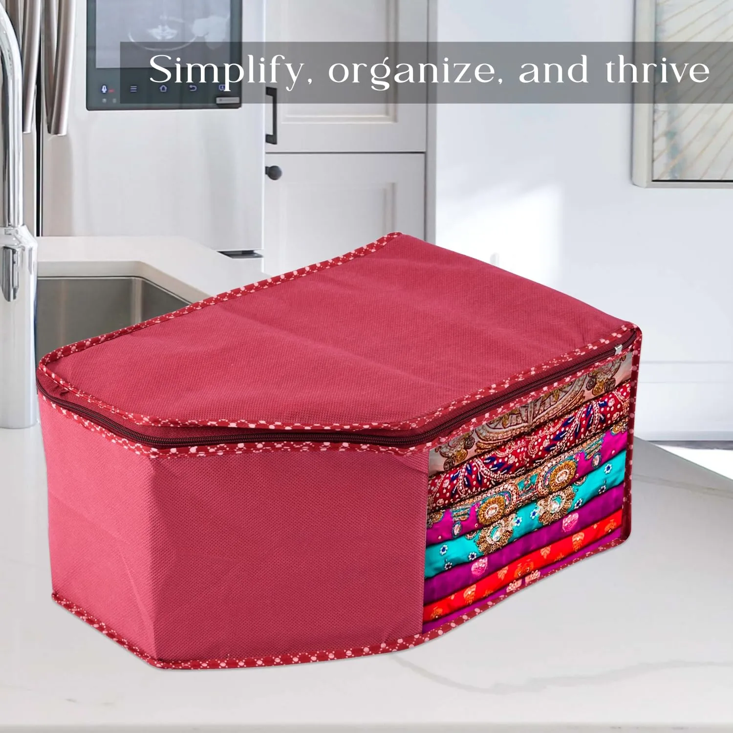 Kuber Industries Blouse Cover | Clothes Storage Bag | Zipper Wardrobe Organizers | Non-Woven Clothes Organiser | Side Transparent Blouse Organizer | Dot Border | Pack of 9 | Maroon
