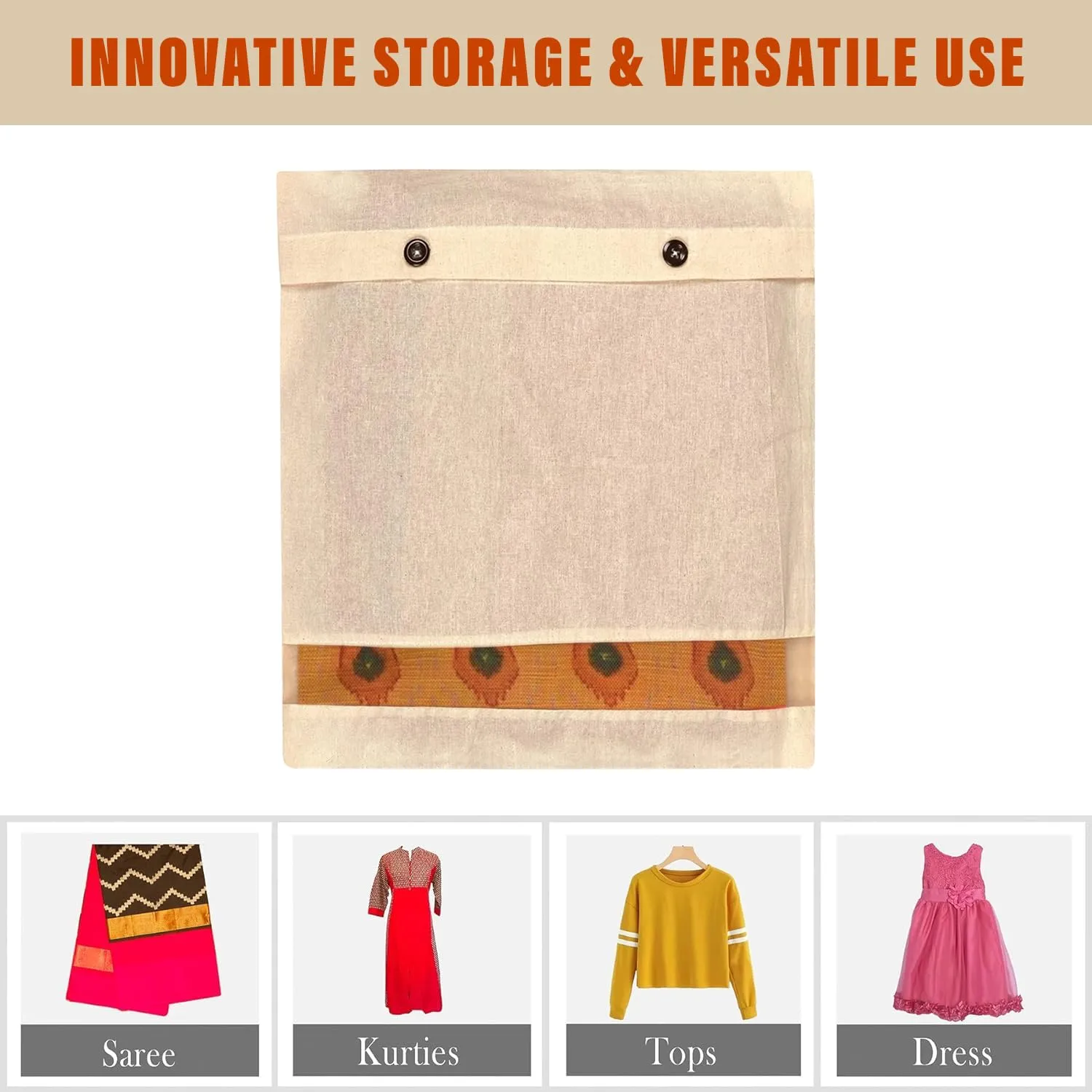 Kuber Industries Saree Bags | Clothes Bags for Storage | Cotton Wardrobe Organizer | Mesh Window Cloth Storage Bags Set | Single Packing Saree Cover with Button | Pack of 10 | Cream