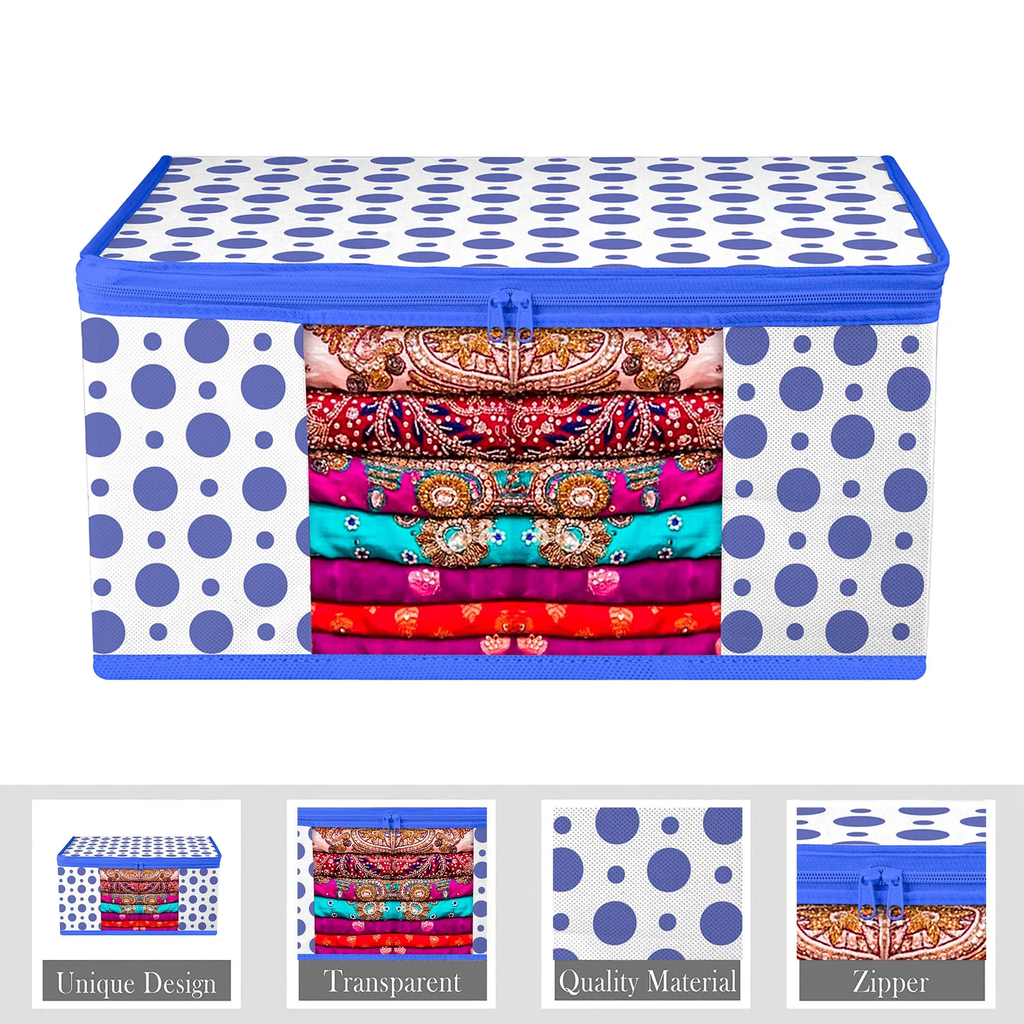 Kuber Industries Saree Cover & Blouse Cover Set | Saree & Blouse Organizer Combo Set | 2 Pieces Blouse & 2 Pieces Saree Cover Set | Zipper Closure | Dot-Design | Set of 4 | Blue